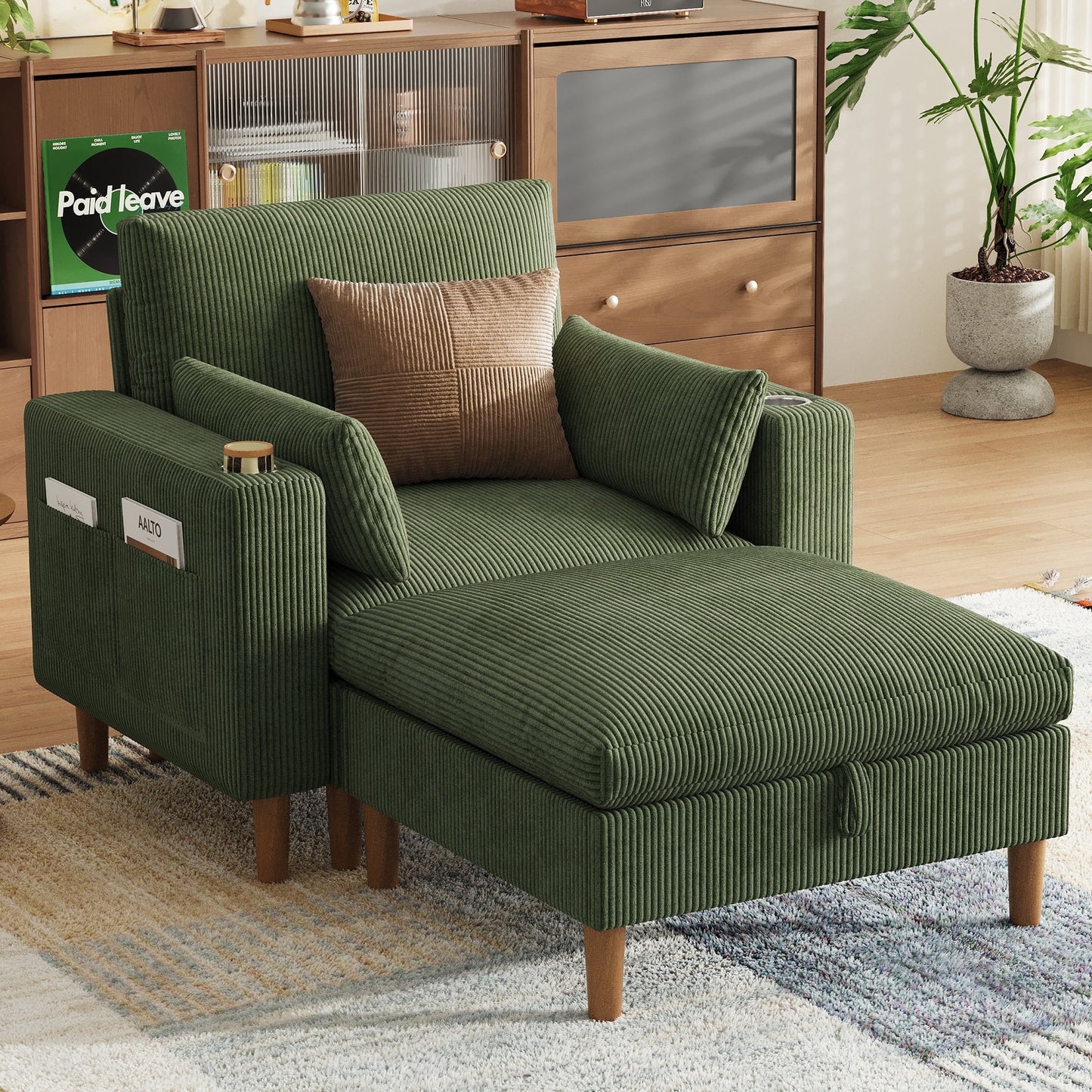 LINSY HOME 46in Modular Sectional 1-Seat Sofa with 1 Ottoman, Comfy Deep Seat Corduroy Sofa with USB Charging Port, Side Pocket & Cup Holder for Living Room Bedroom