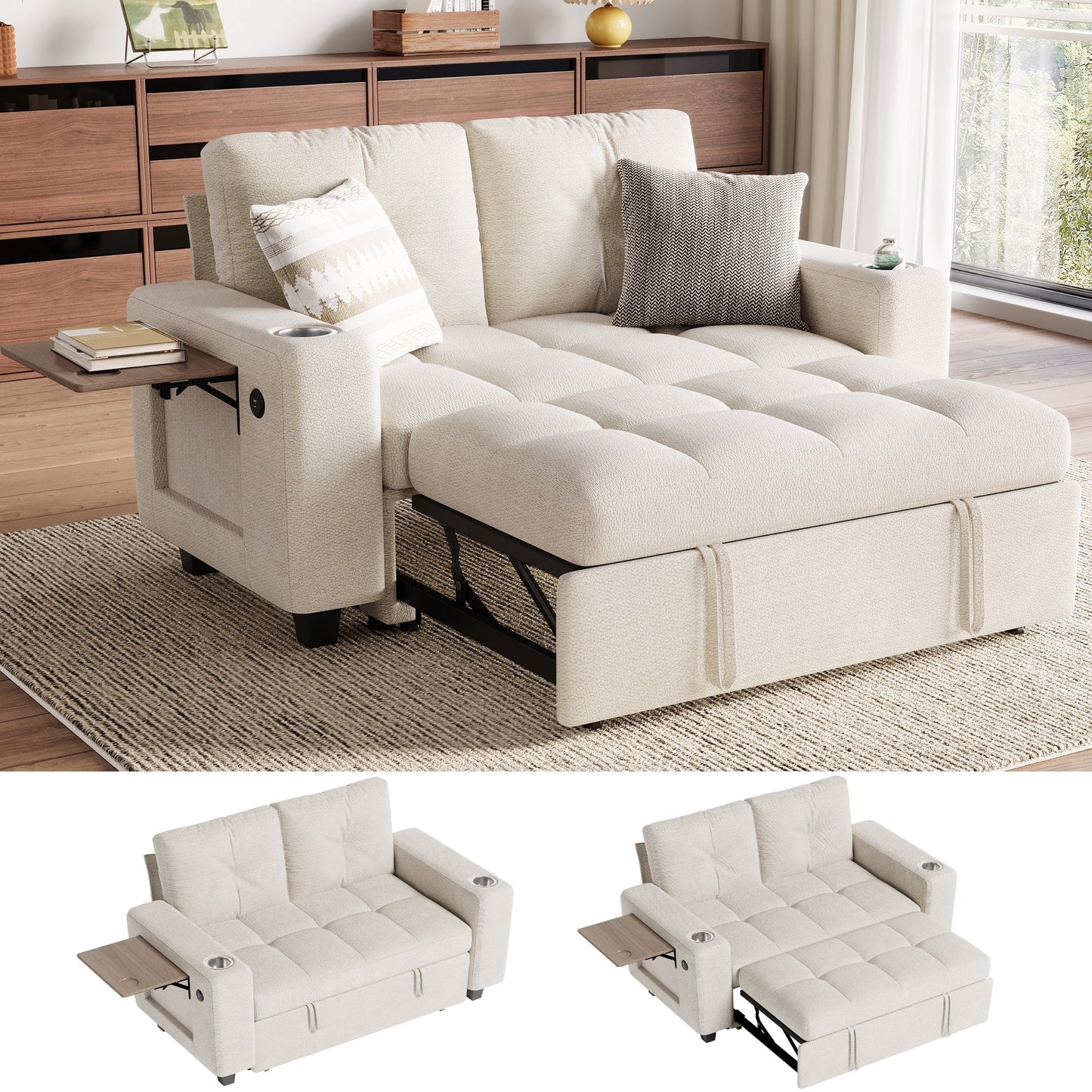 LINSY HOME 57.4in Modular Sectional Sofa with Pull Out Bed & Foldable Side Table for Small Spaces, 2-Seat Sofa Bed with USB Charging for Living Room, Chenille Beige