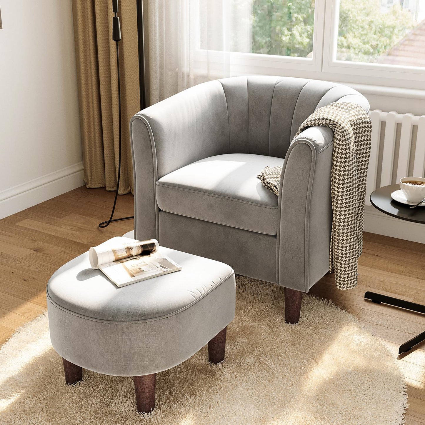 Accent Chair with Ottoman, Velvet Barrel Chair for Living Room