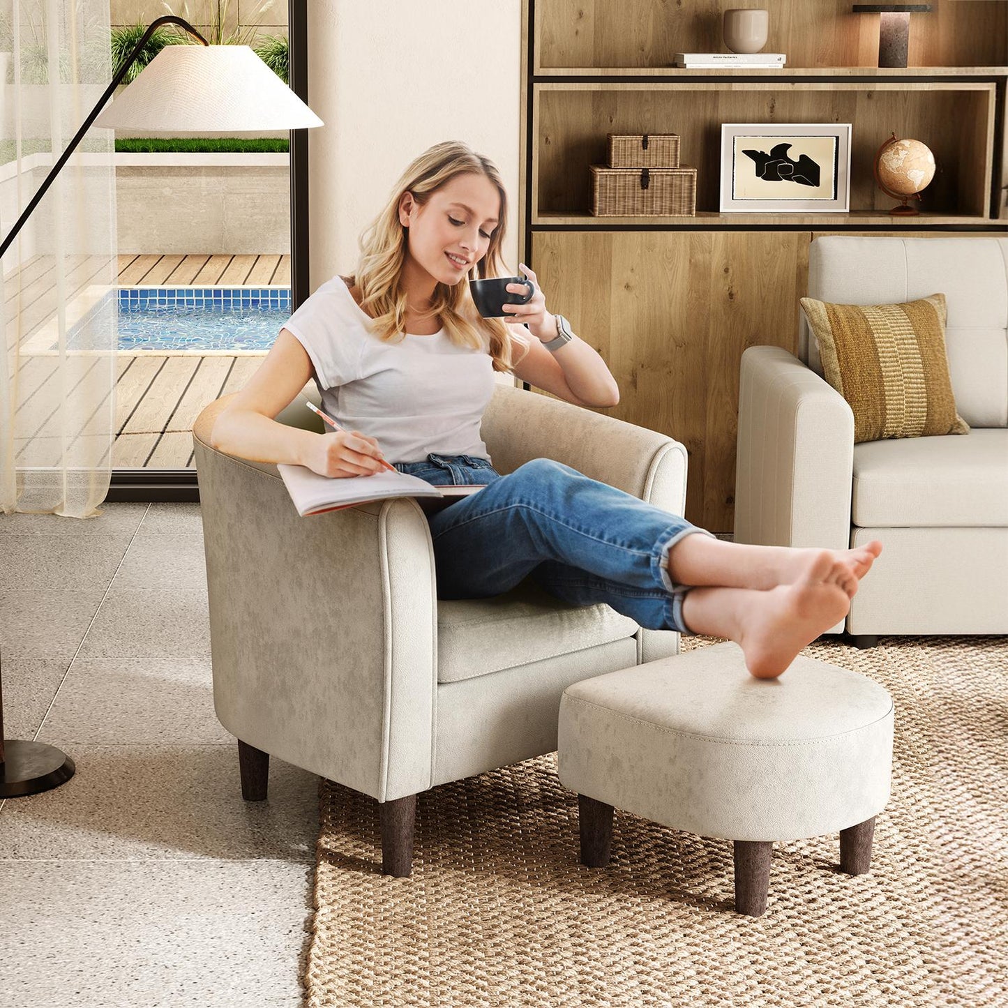 Accent Chair with Ottoman, Velvet Barrel Chair for Living Room