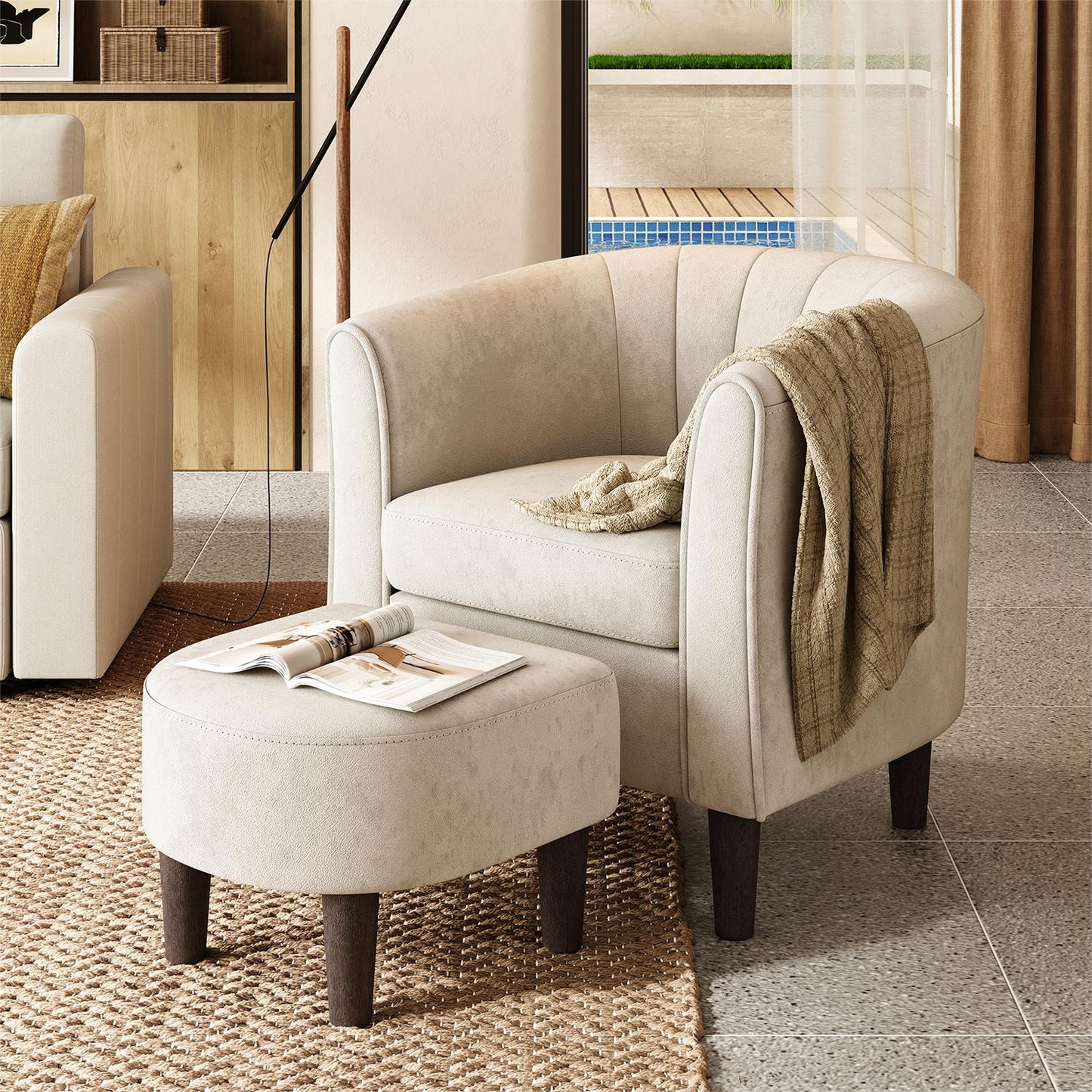 Accent Chair with Ottoman, Velvet Barrel Chair for Living Room