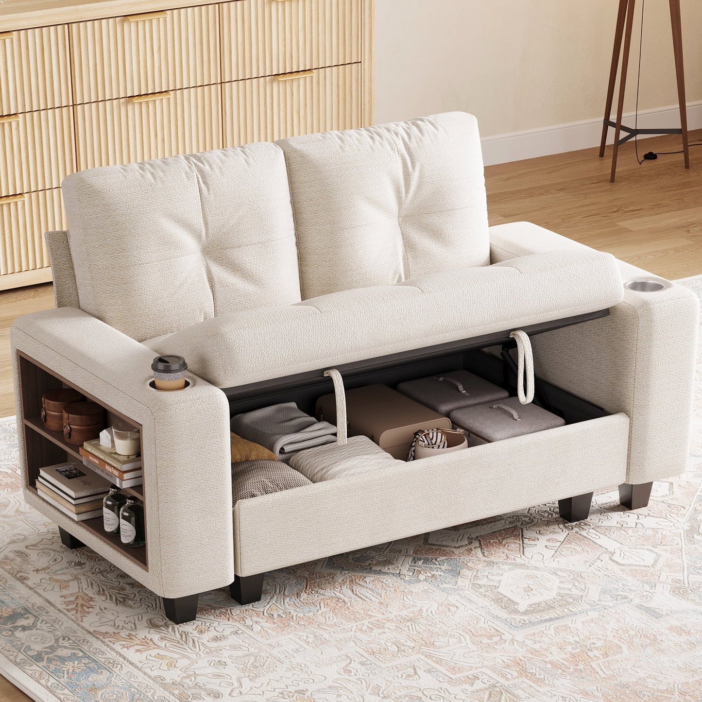 LINSY HOME 57.4in Modular Sectional Loveseat Sofa with Storage & Multi-functional Armrest for Small Spaces, 2-Seat Couch with Shelves, USB Ports & Cup Holders, Chenille Beige