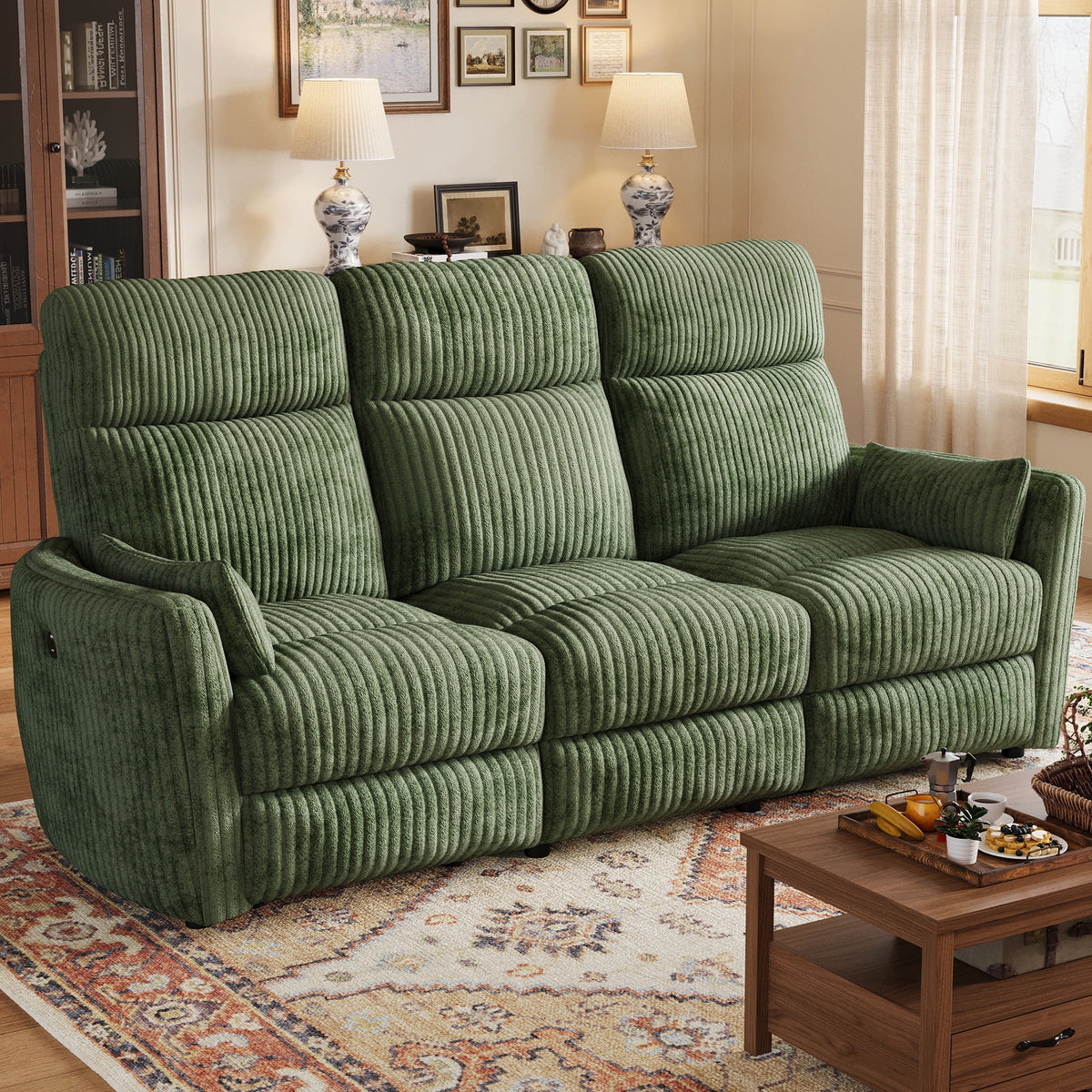 LINSY HOME 80in Manual Recliner Sofa with Flippable Console, 3-Seat Modular Sectional with USB Ports & Cup Holders, Home Theater Couch for Living Room, Game Room (Green Corduroy)