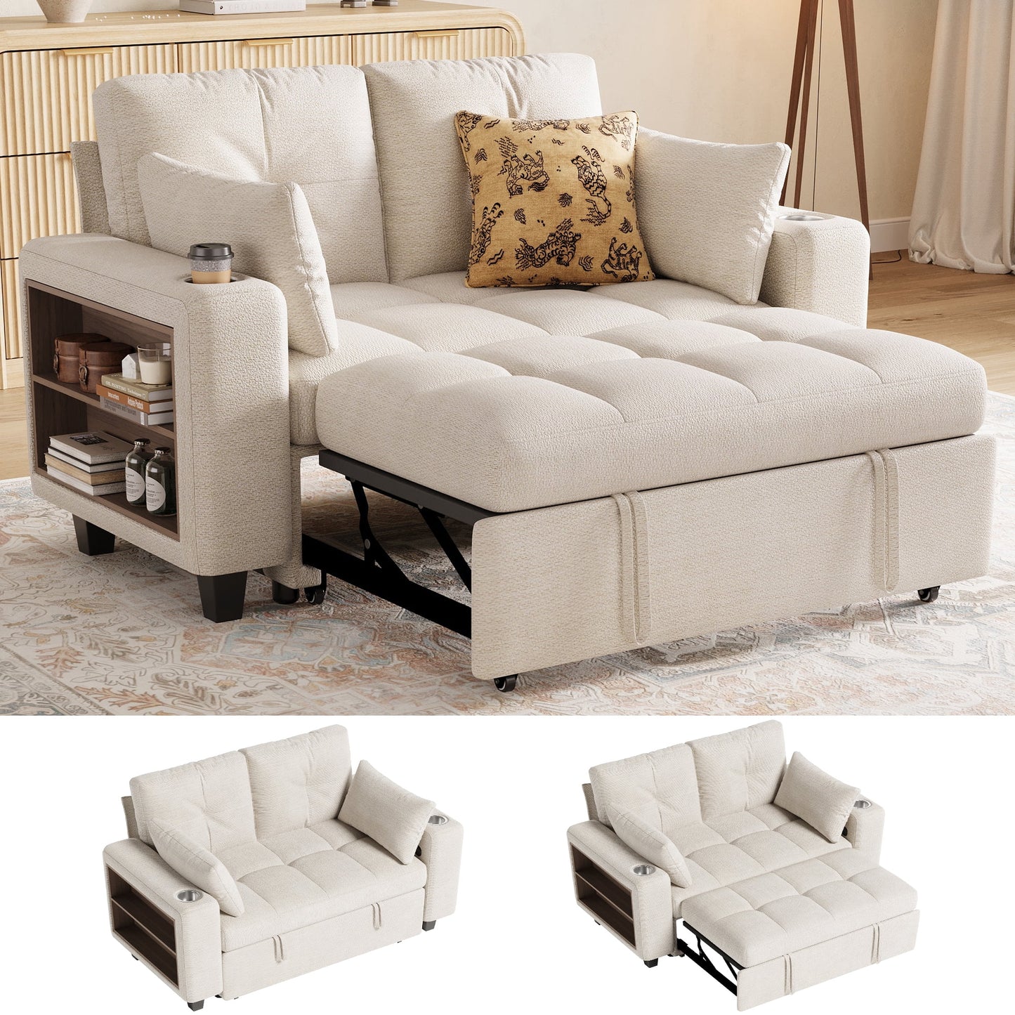 LINSY HOME 57.4in Modular Sectional Sofa with Pull Out Bed & Multi-functional Armrest for Small Spaces, 2-Seat Pull Out Couch with Shelves, USB Ports & Cup Holders, Chenille Beige