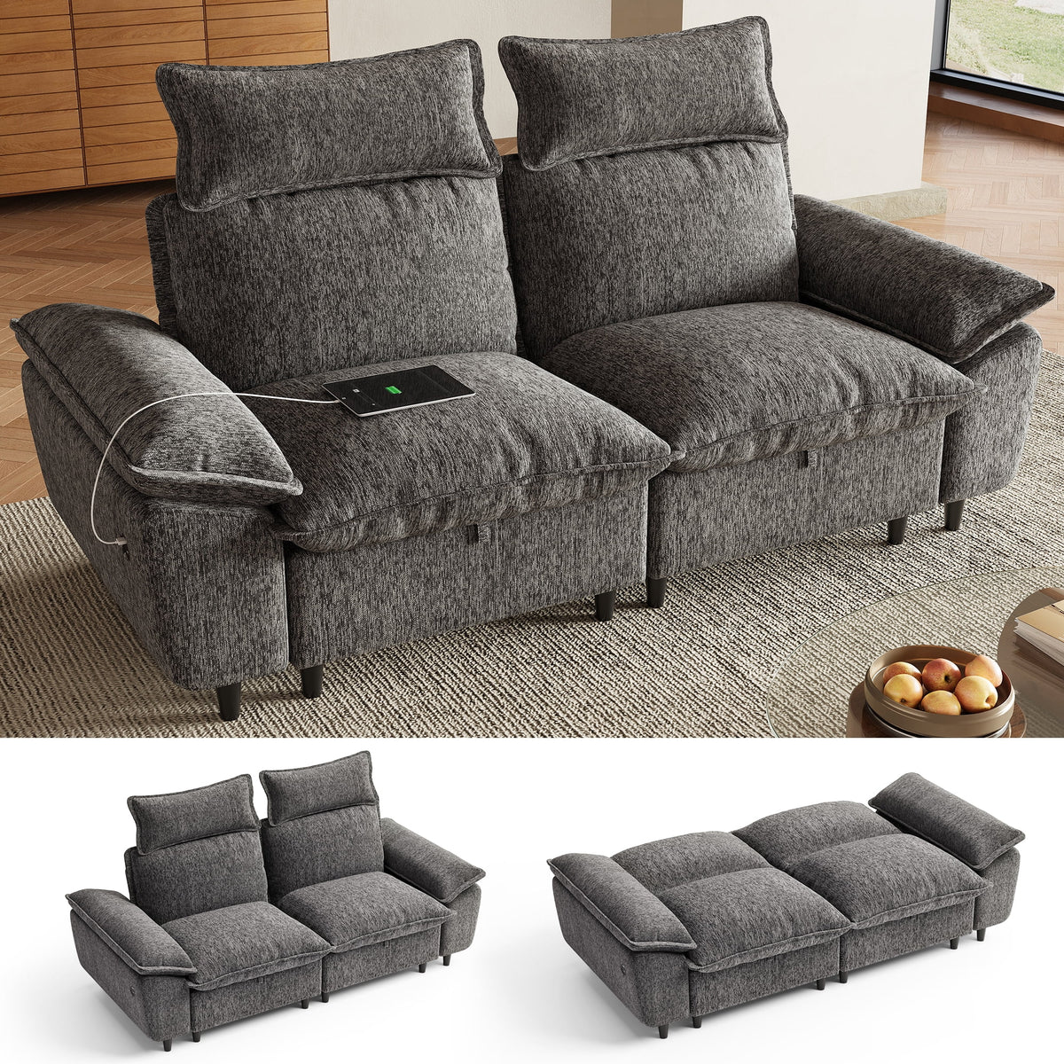 LINSY HOME 78in Sectional Sleeper Sofa with Adjustable Backrests, Chenille Convertible Sofa Bed with Storage, Removable Headrest & USB Charging for Living Room, Dark Grey