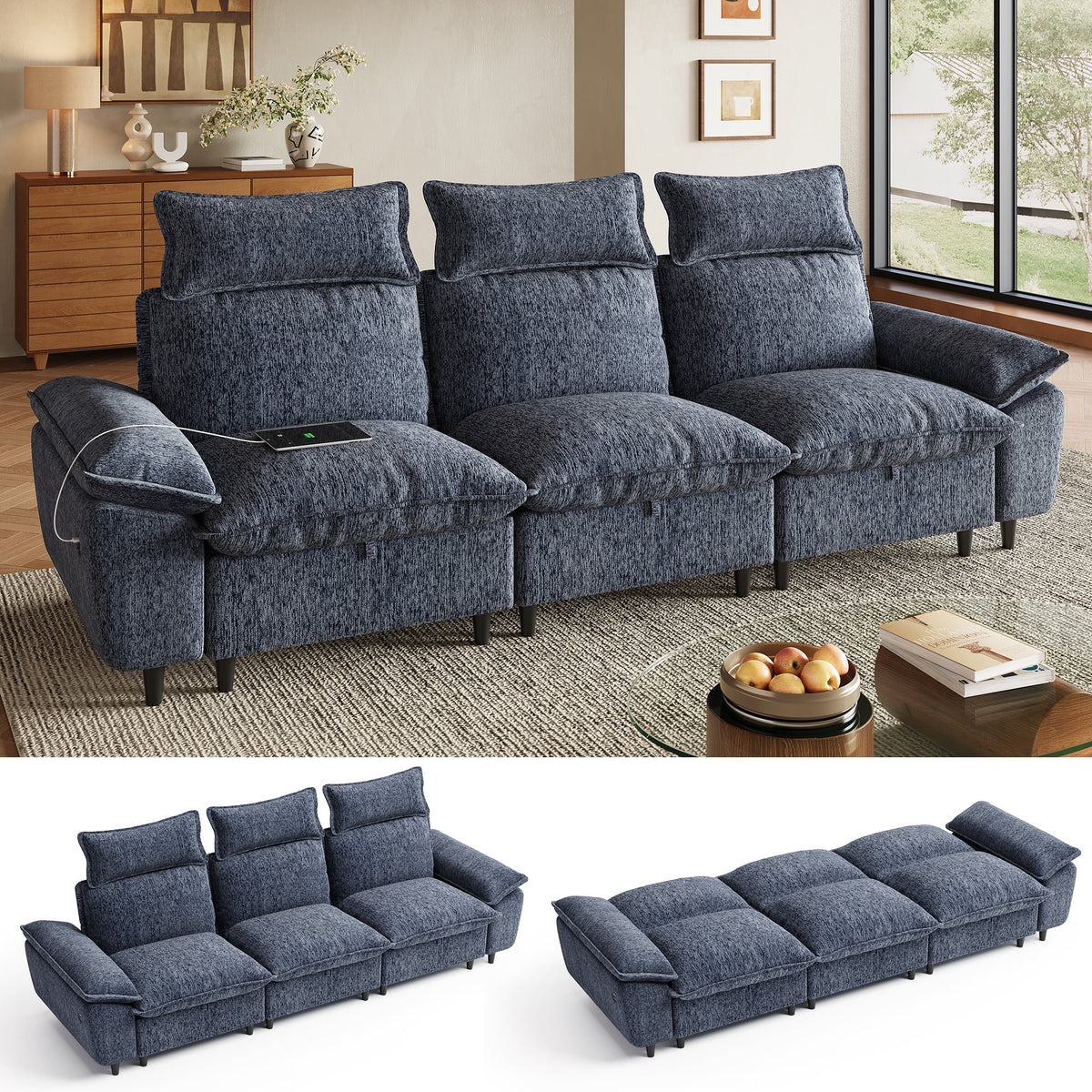 LINSY HOME 106in Sectional Sleeper Sofa with Adjustable Backrests, Chenille Convertible Sofa Bed with Storage, Removable Headrest & USB Charging for Living Room, Dark Blue