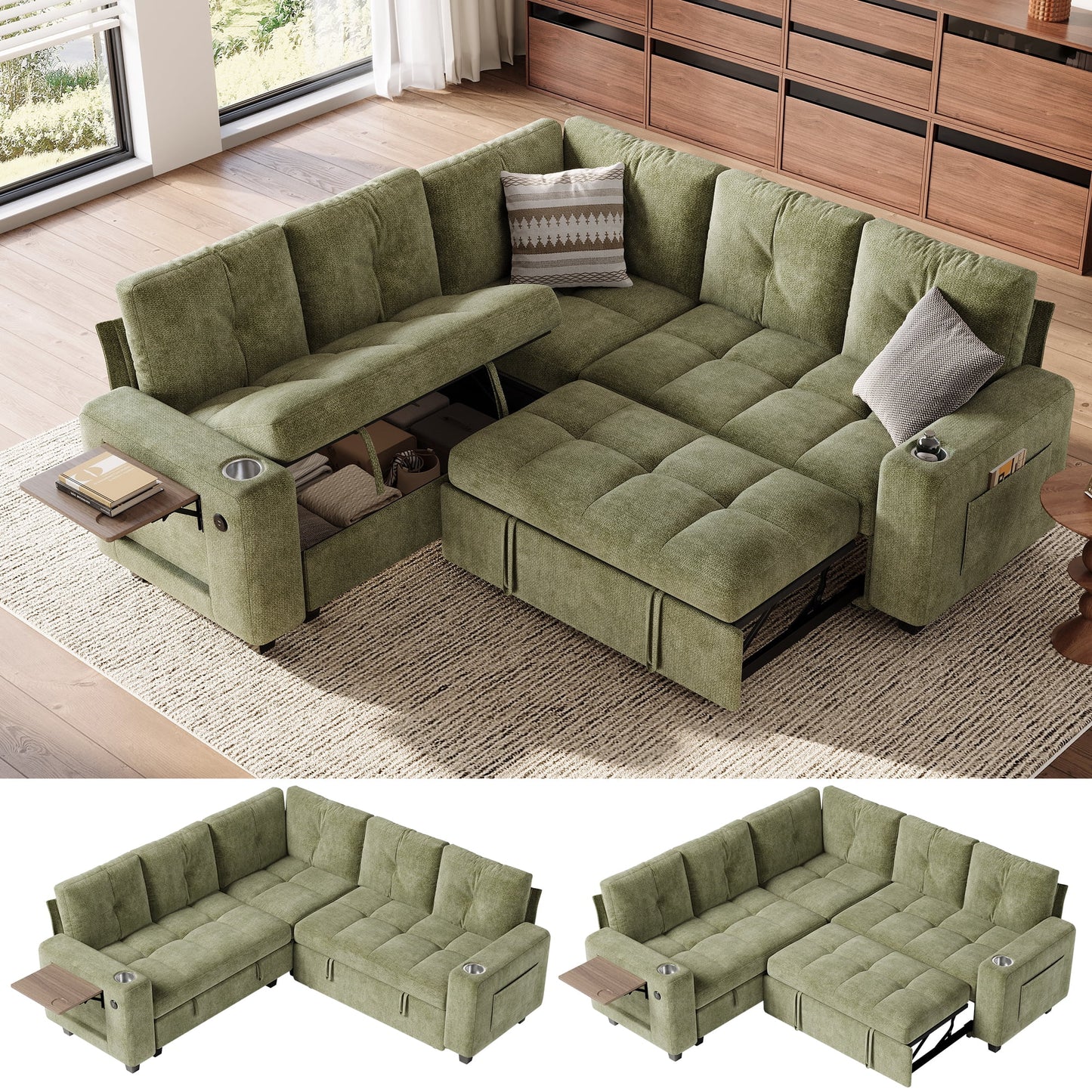 LINSY HOME 83in Modular Sectional Sofa with Pull Out Bed, Foldable Side Table & Storage Chaise, 5-Seat L Shape Couch with USB Charging for Living Room, Chenille Green