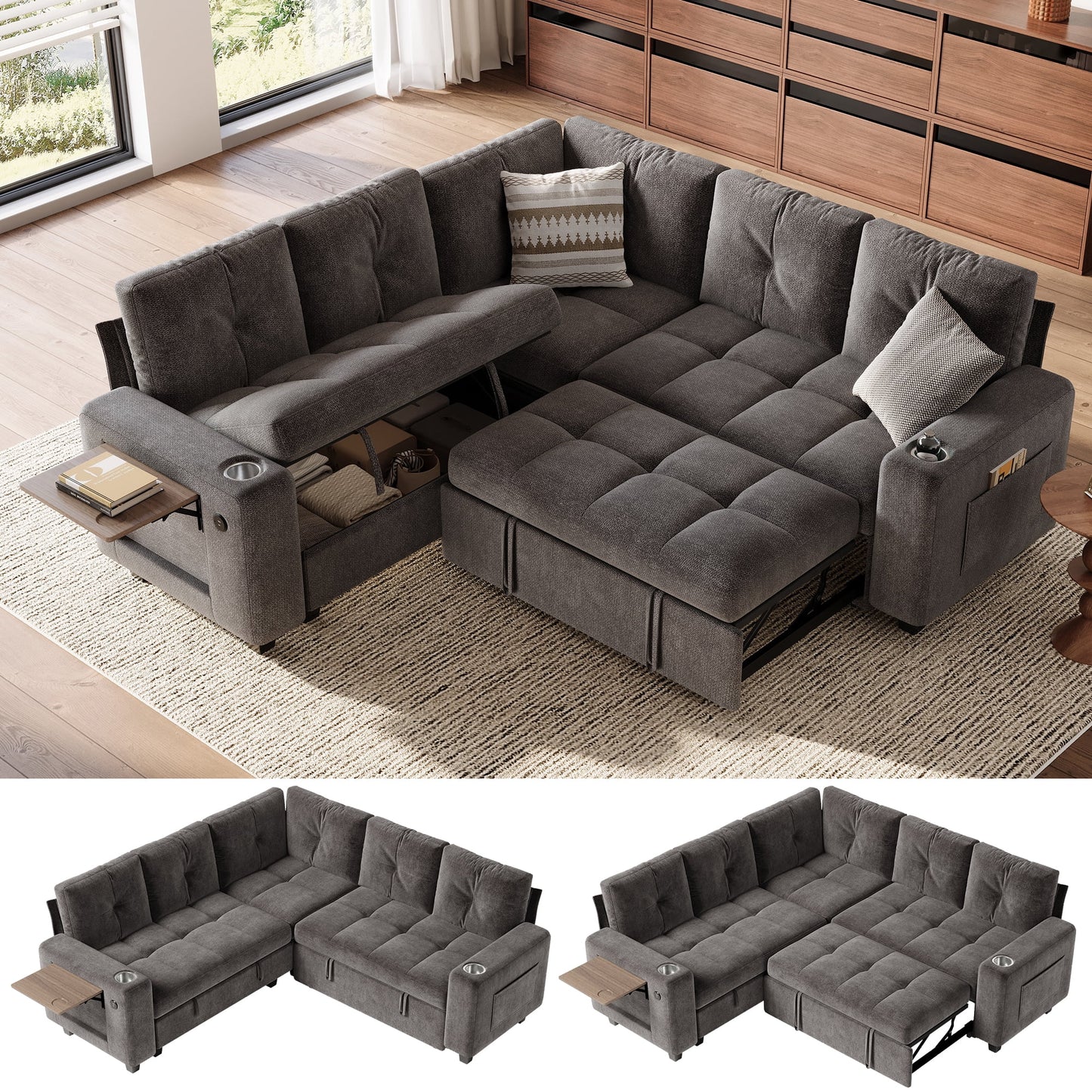 LINSY HOME 83in Modular Sectional Sofa with Pull Out Bed, Foldable Side Table & Storage Chaise, 5-Seat L Shape Couch with USB Charging for Living Room, Chenille Gray