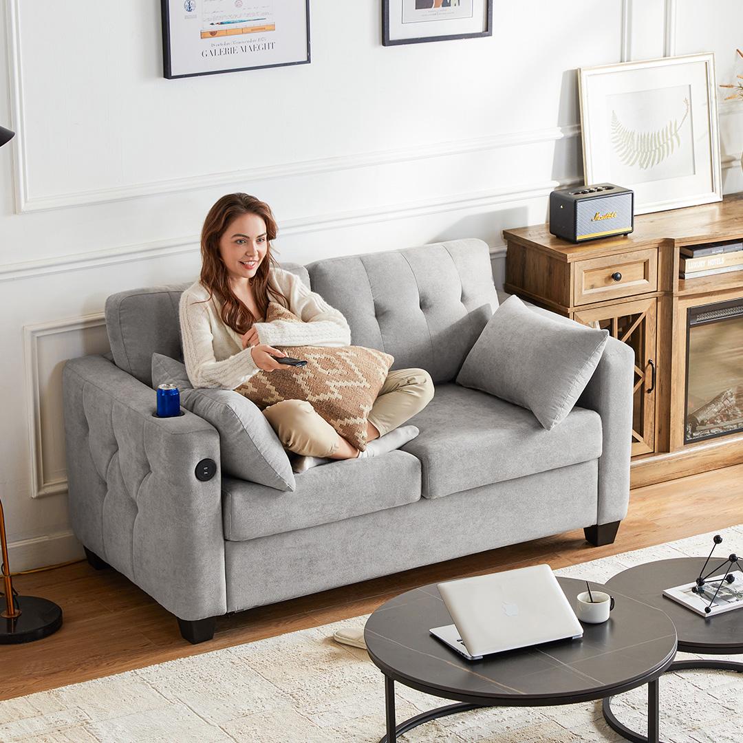 Convertible Sofa Bed with USB Ports and Cup Holders