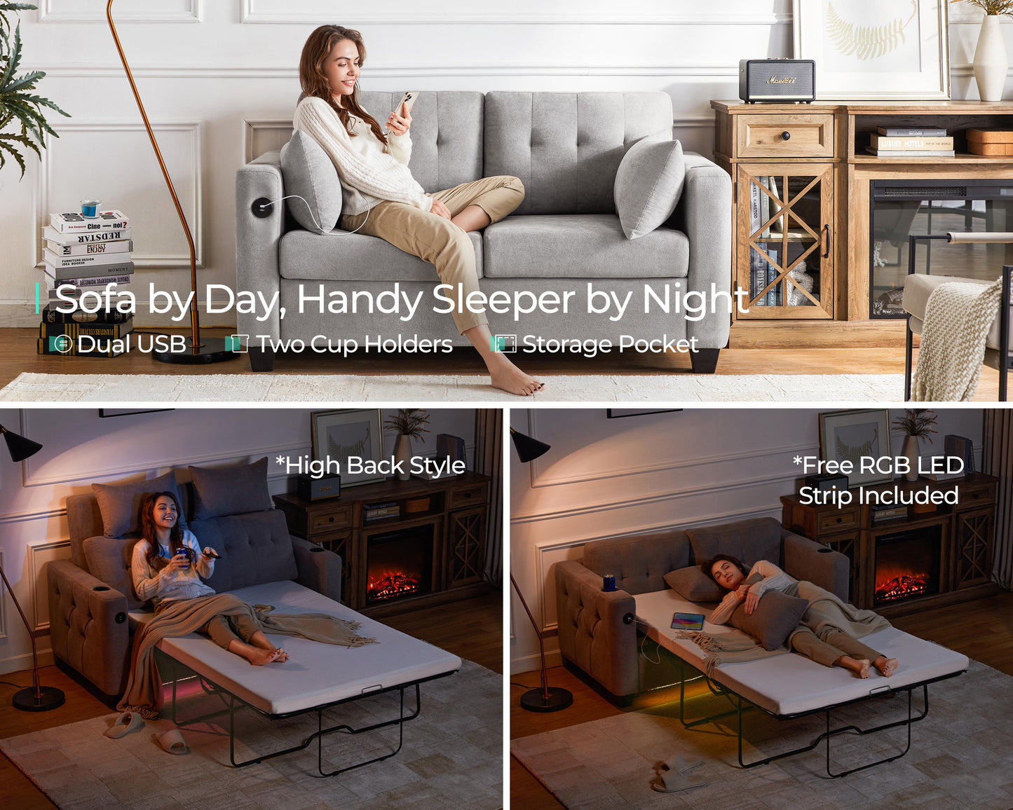 Convertible Sofa Bed with USB Ports and Cup Holders