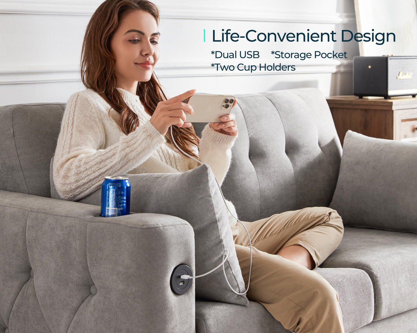 Convertible Sofa Bed with USB Ports and Cup Holders