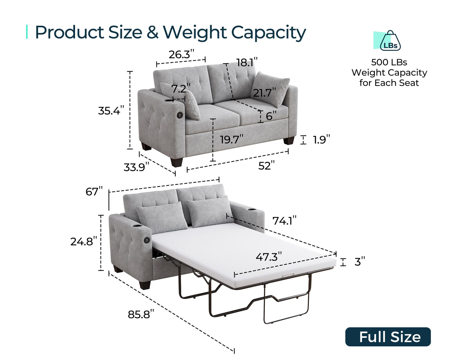 Convertible Sofa Bed with USB Ports and Cup Holders