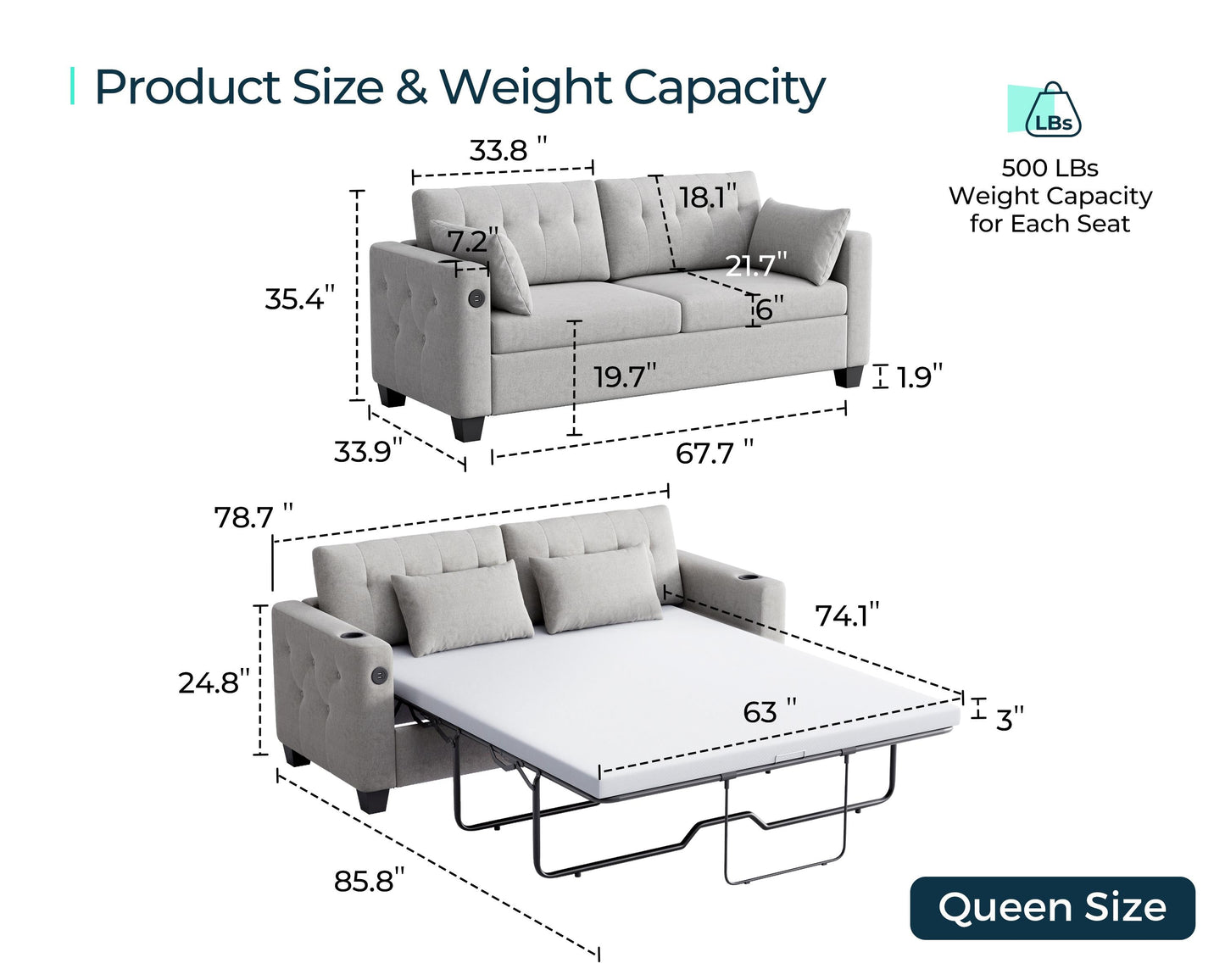 Convertible Sofa Bed with USB Ports and Cup Holders