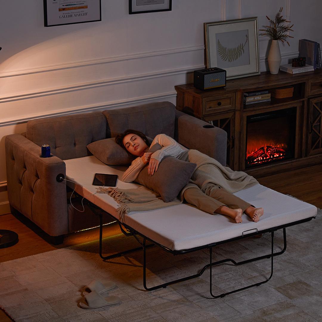 Convertible Sofa Bed with USB Ports and Cup Holders