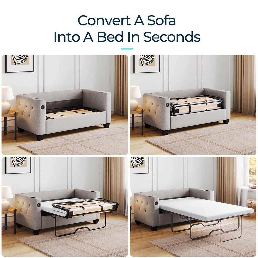Convertible Sofa Bed with USB Ports and Cup Holders