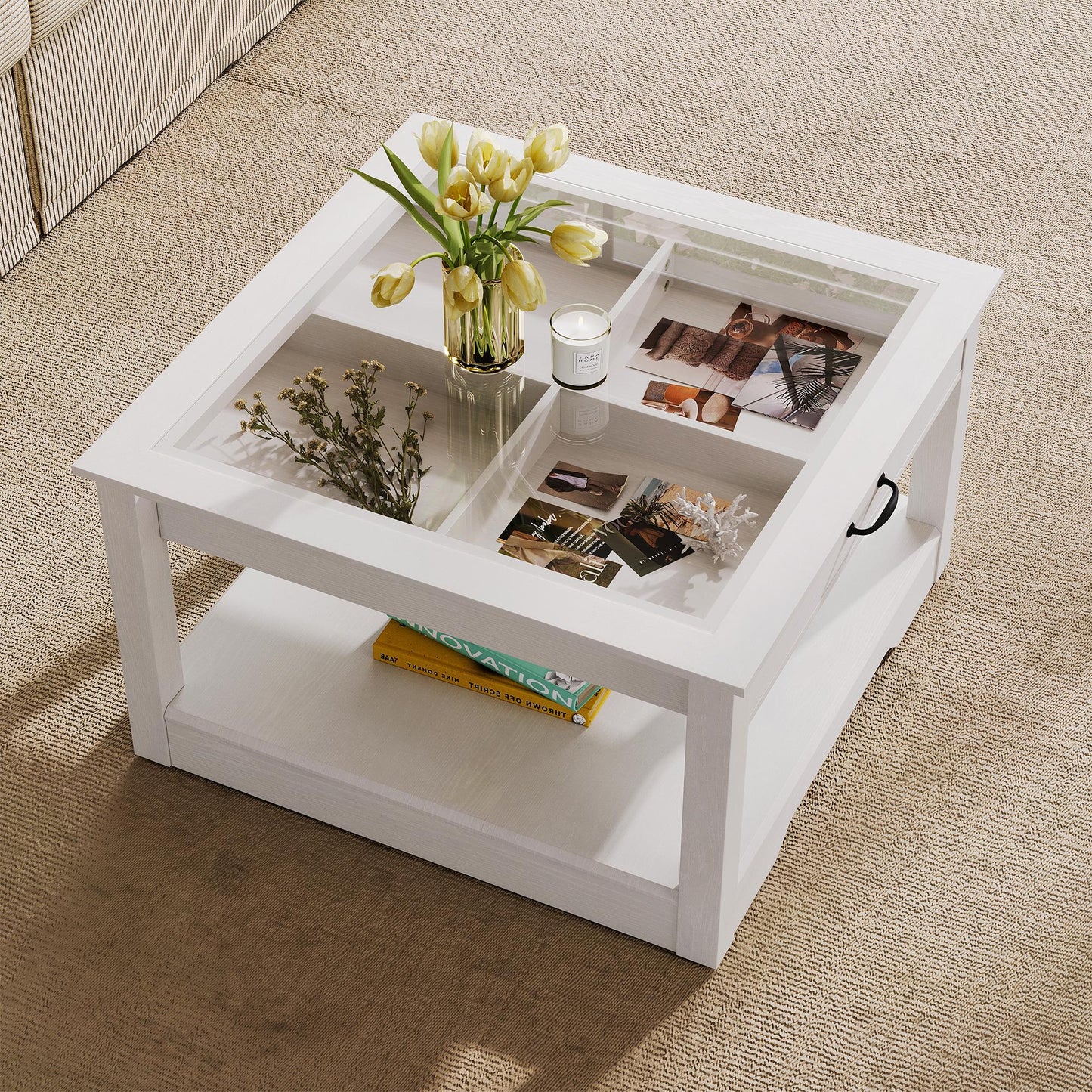 Coffee Table with Glass Tabletop, Open Display Area and Storage Drawer, Modern Farmhouse Table for Living Room