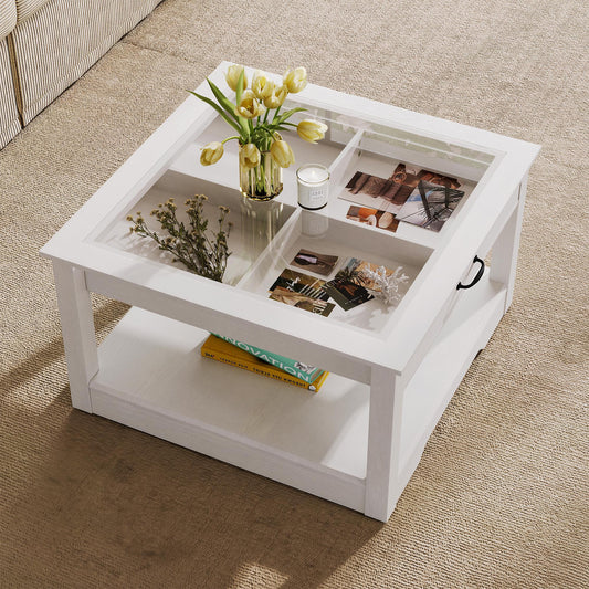 Coffee Table with Glass Tabletop, Open Display Area and Storage Drawer, Modern Farmhouse Table for Living Room