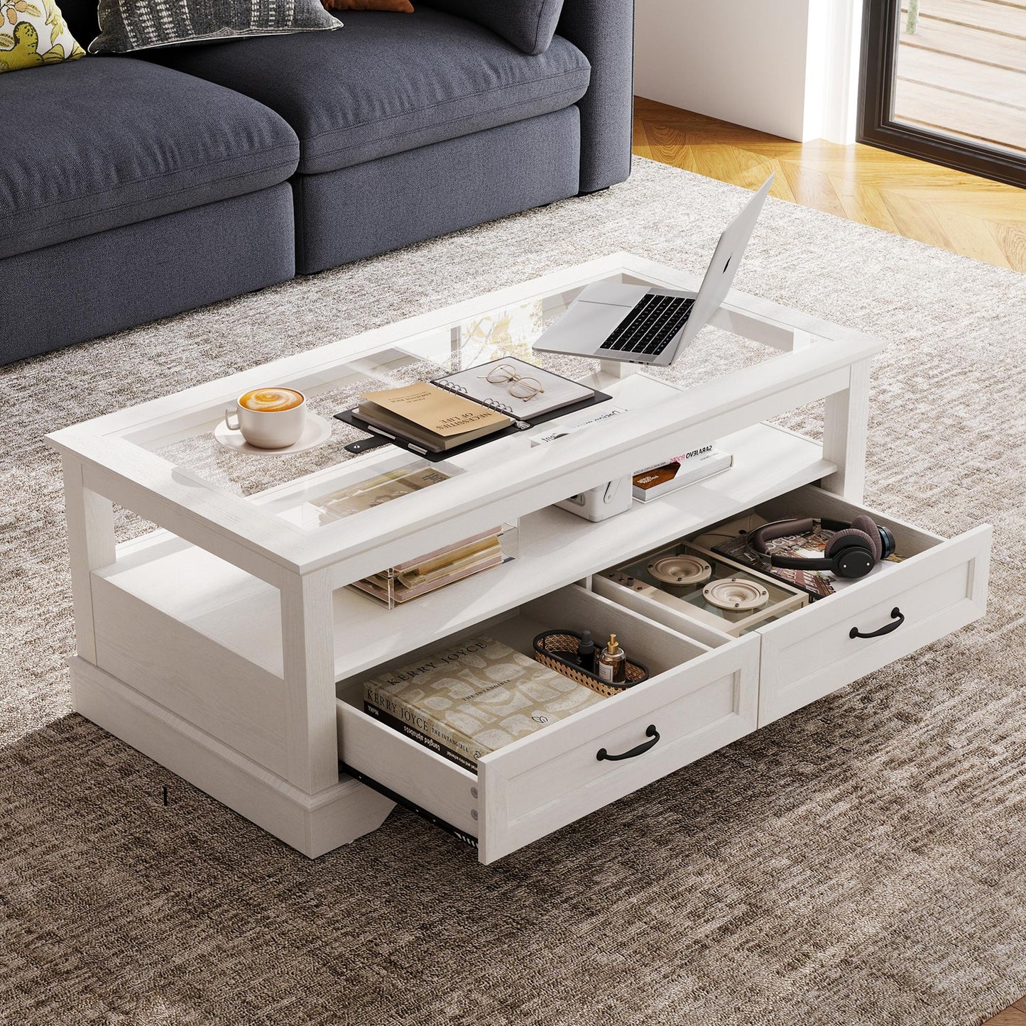 Coffee Table with Glass Tabletop, Open Display Area and Storage Drawer, Modern Farmhouse Table for Living Room