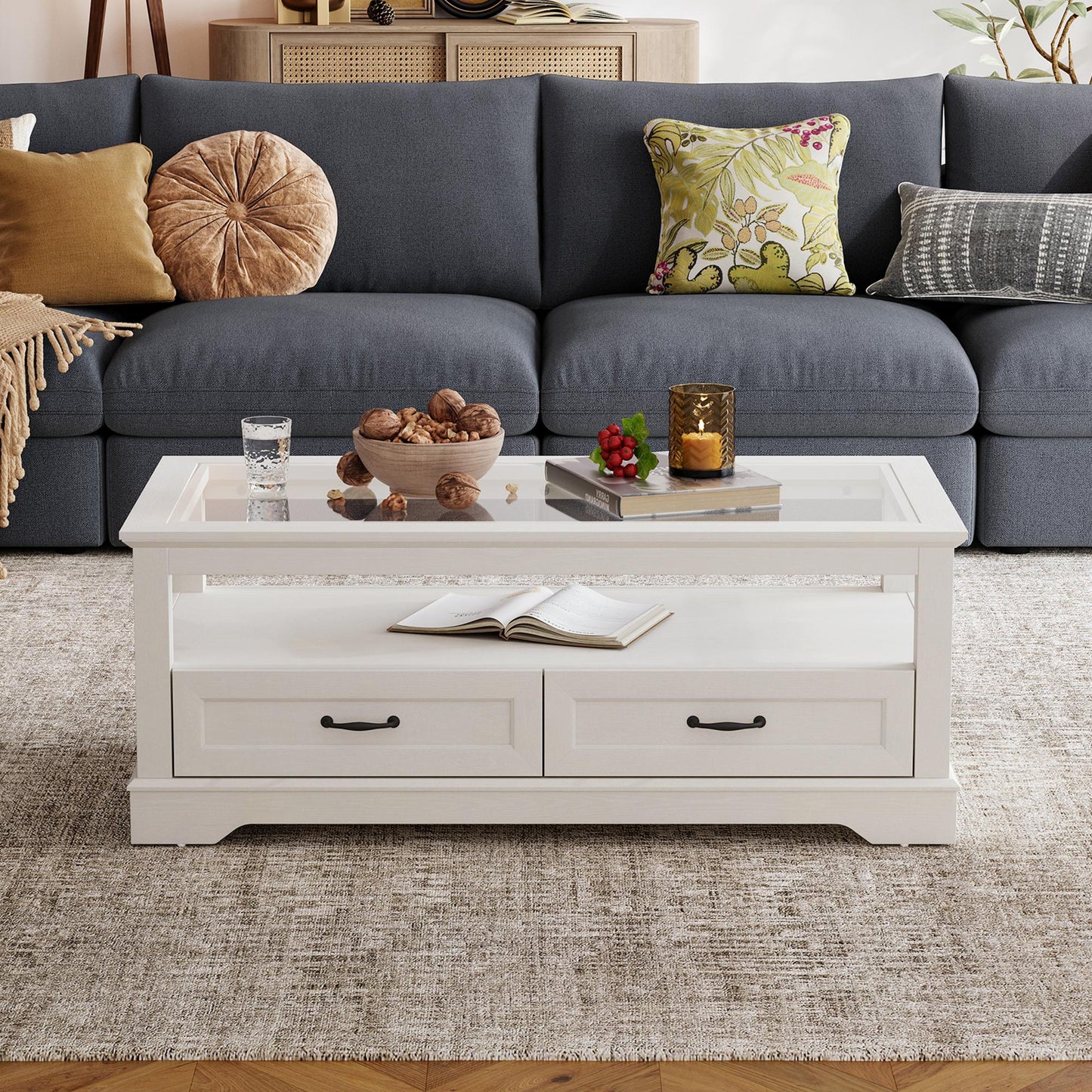 Coffee Table with Glass Tabletop, Open Display Area and Storage Drawer, Modern Farmhouse Table for Living Room