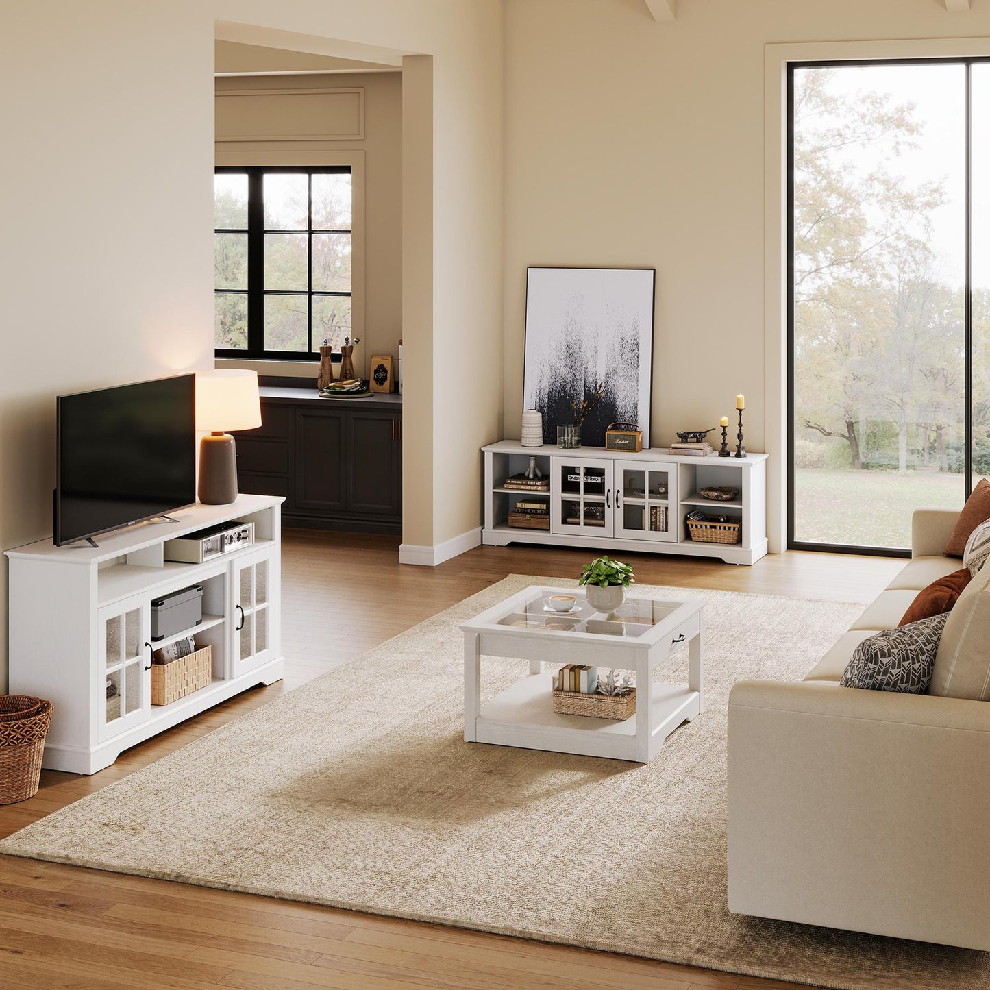 Coffee Table with Glass Tabletop, Open Display Area and Storage Drawer, Modern Farmhouse Table for Living Room