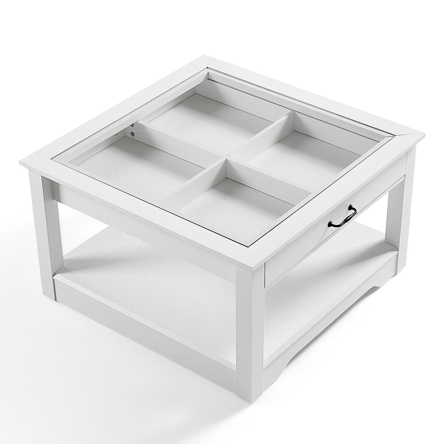 Coffee Table with Glass Tabletop, Open Display Area and Storage Drawer, Modern Farmhouse Table for Living Room