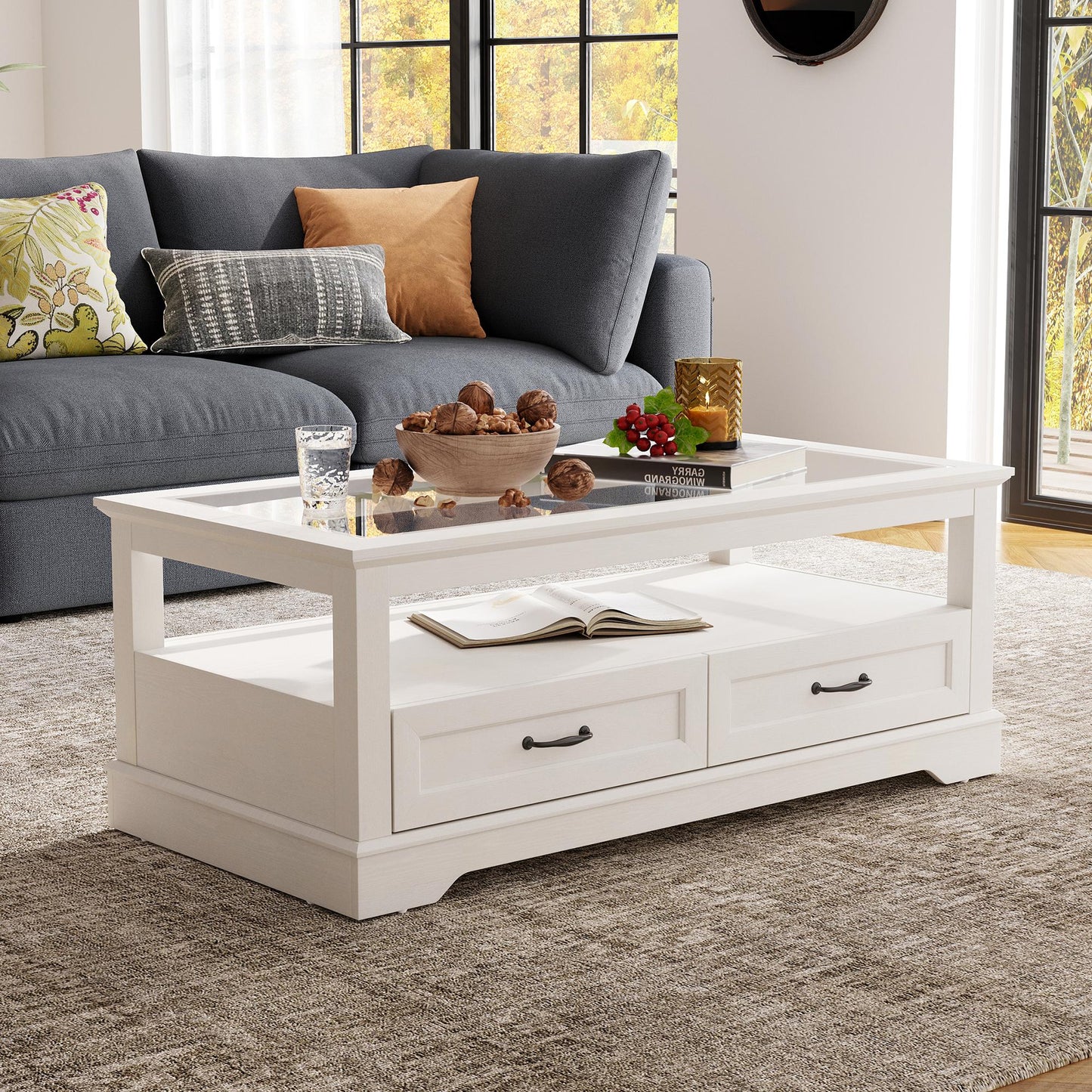 Coffee Table with Glass Tabletop, Open Display Area and Storage Drawer, Modern Farmhouse Table for Living Room