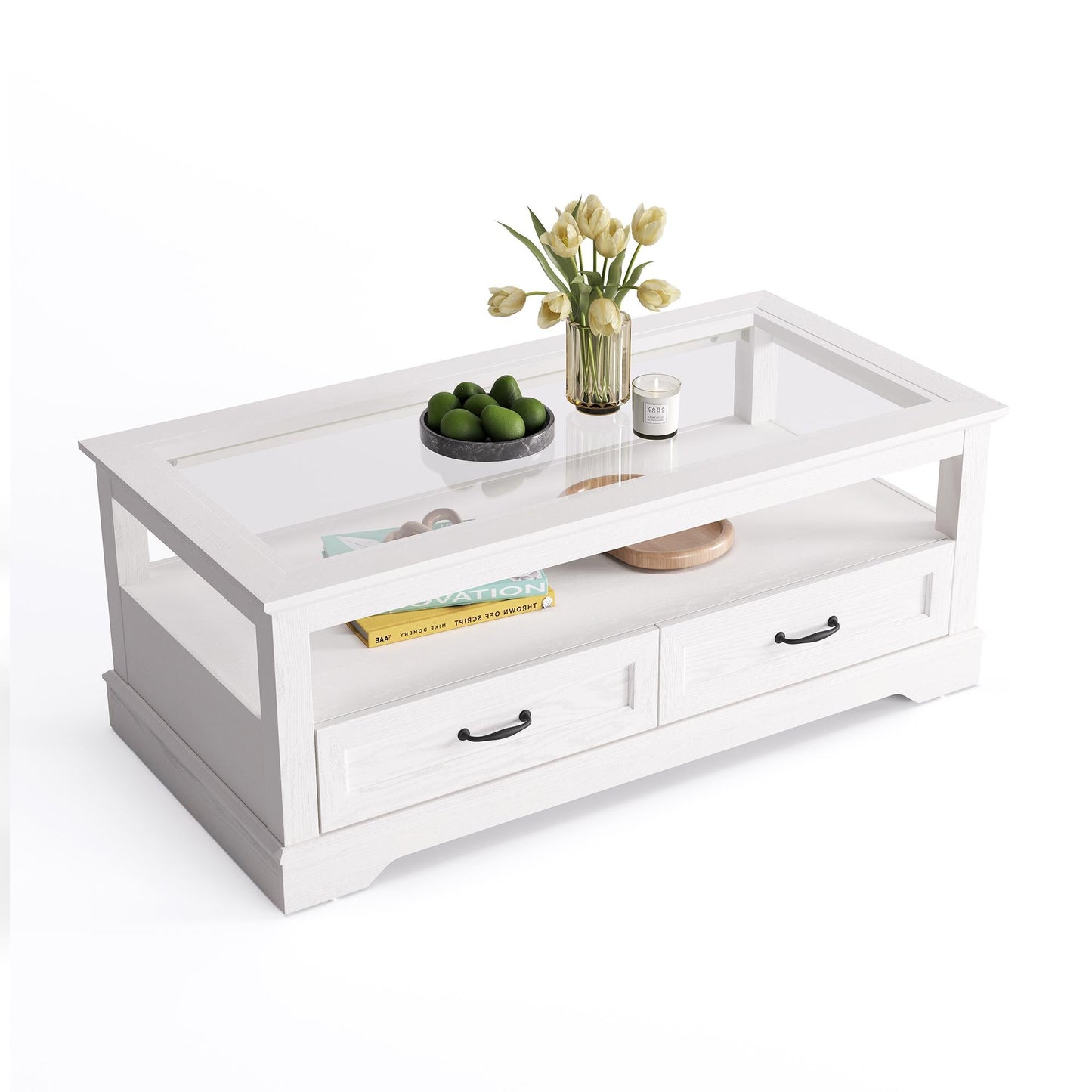 Coffee Table with Glass Tabletop, Open Display Area and Storage Drawer, Modern Farmhouse Table for Living Room