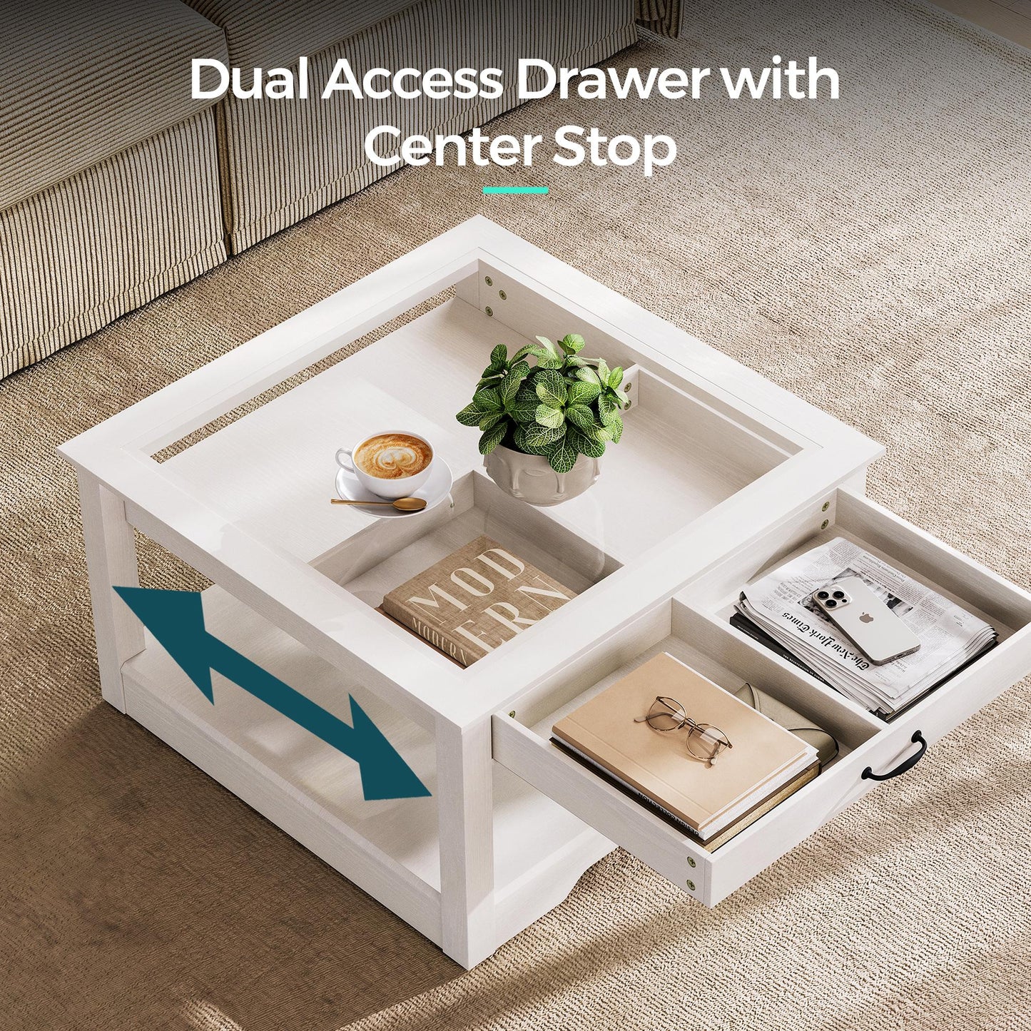 Coffee Table with Glass Tabletop, Open Display Area and Storage Drawer, Modern Farmhouse Table for Living Room