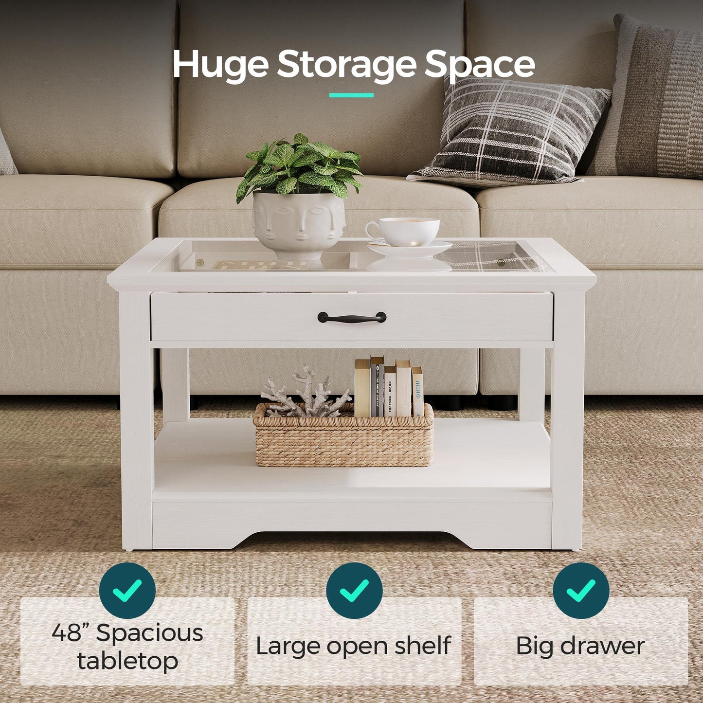 Coffee Table with Glass Tabletop, Open Display Area and Storage Drawer, Modern Farmhouse Table for Living Room