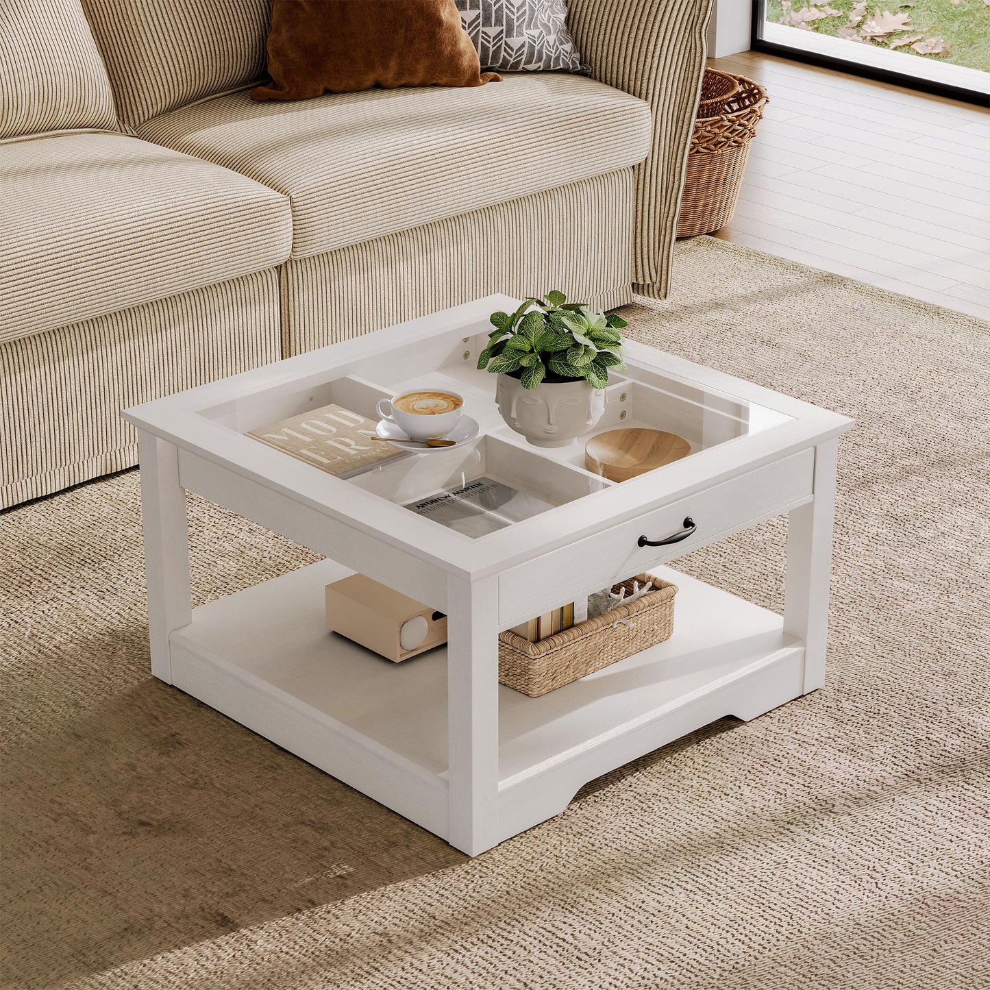 Coffee Table with Glass Tabletop, Open Display Area and Storage Drawer, Modern Farmhouse Table for Living Room