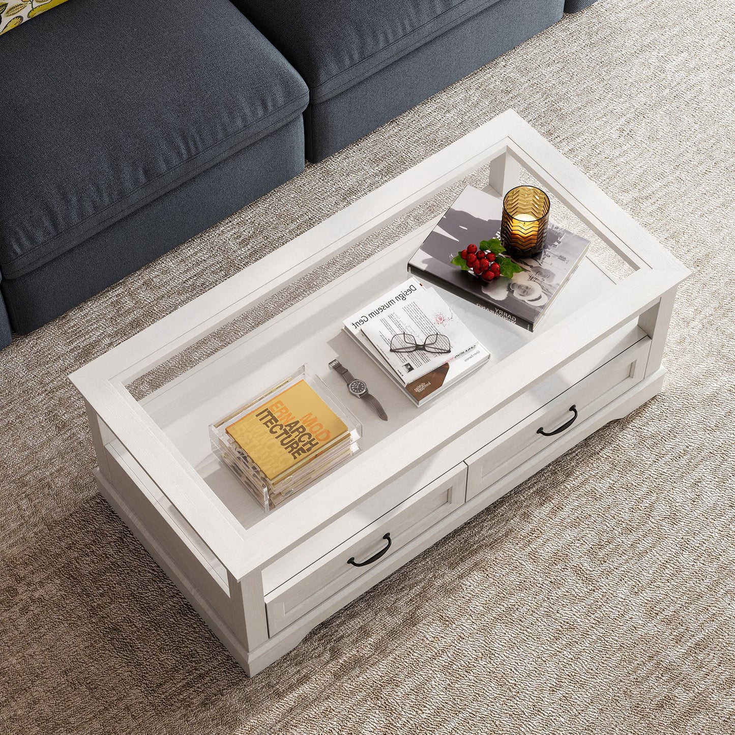 Coffee Table with Glass Tabletop, Open Display Area and Storage Drawer, Modern Farmhouse Table for Living Room