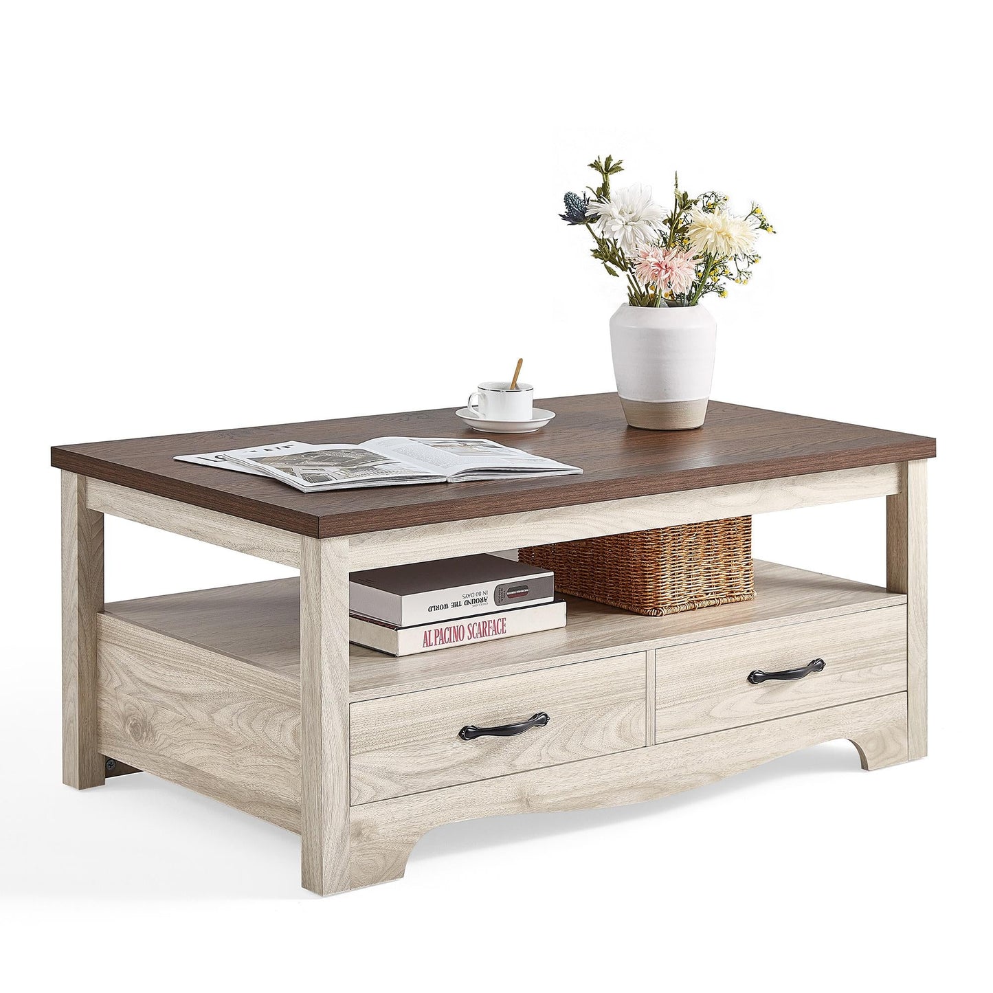 Farmhouse Coffee Table with Drawers, Rustic Living Room Storage