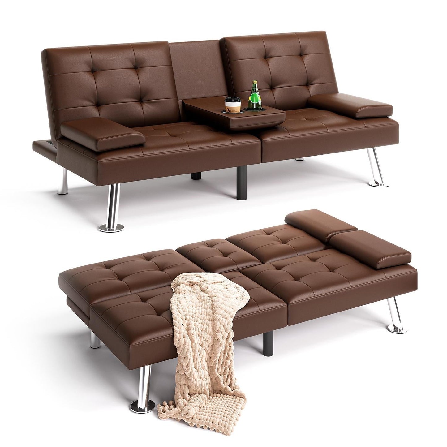 Convertible Upholstered Faux Leather Futon Couch