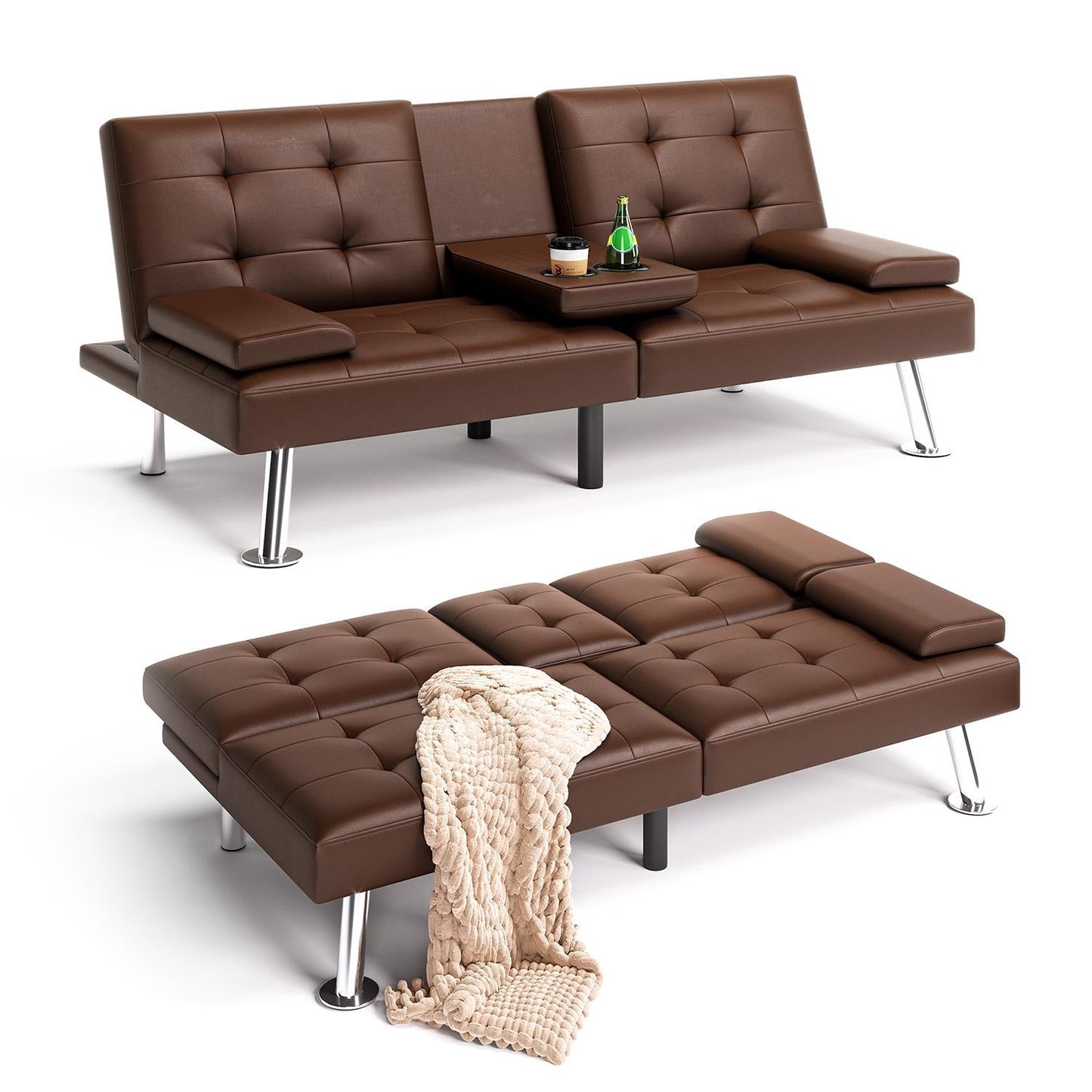 Convertible Upholstered Faux Leather Futon Couch