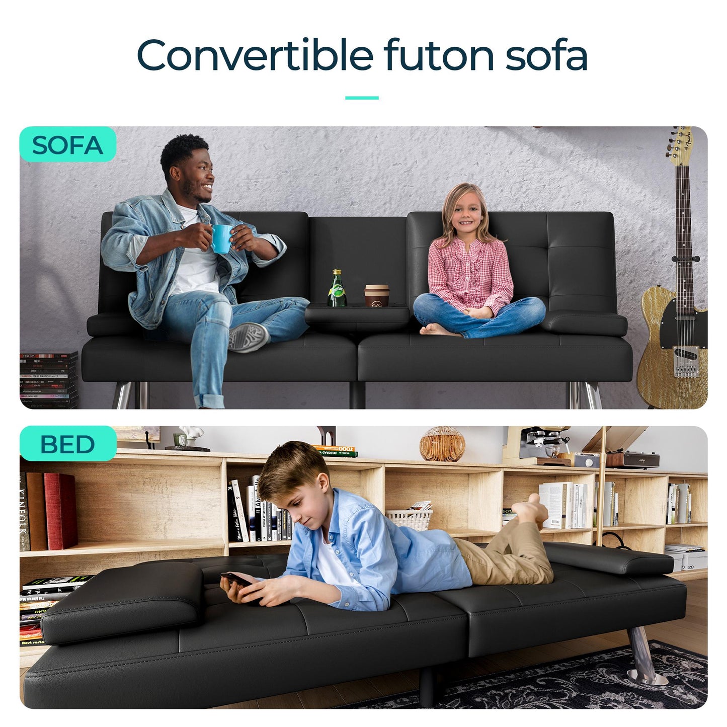 Convertible Upholstered Faux Leather Futon Couch
