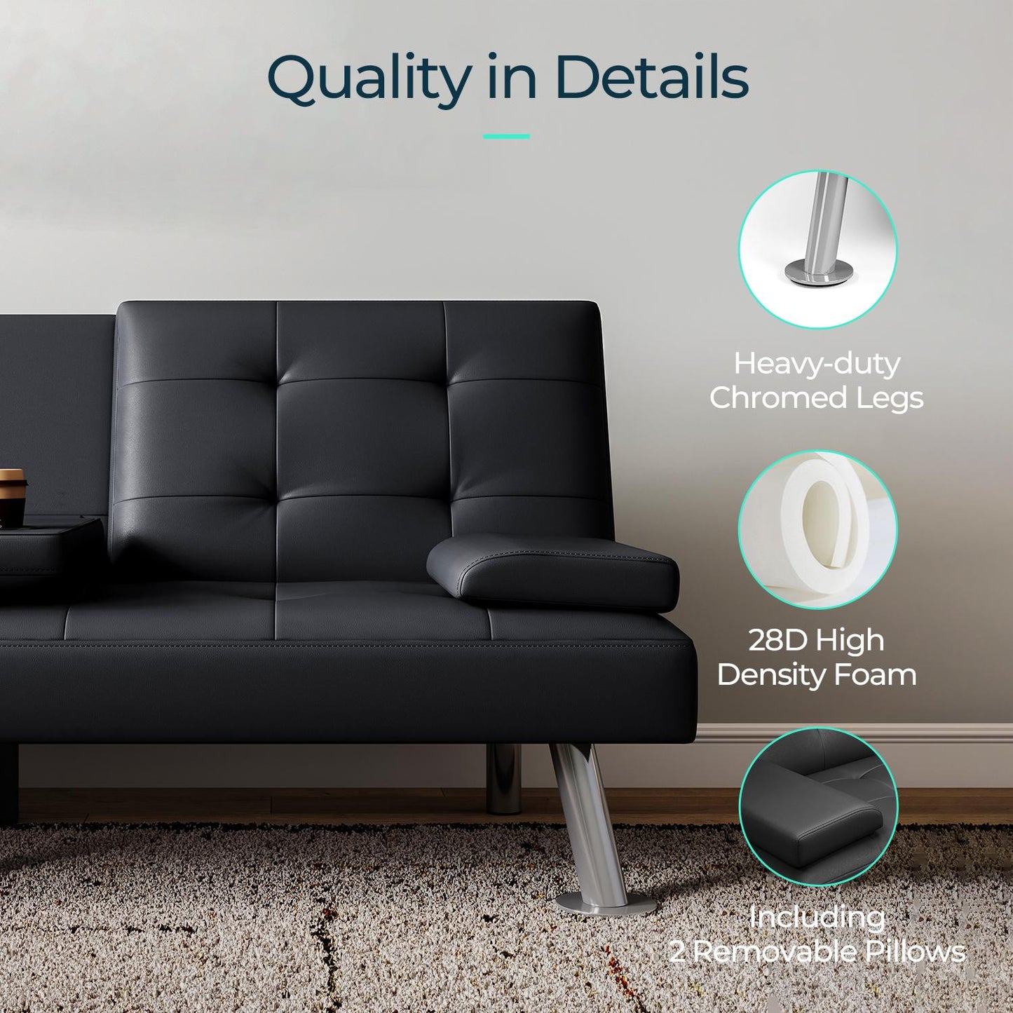 Convertible Upholstered Faux Leather Futon Couch