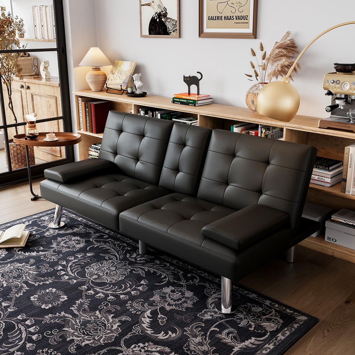 Convertible Upholstered Faux Leather Futon Couch
