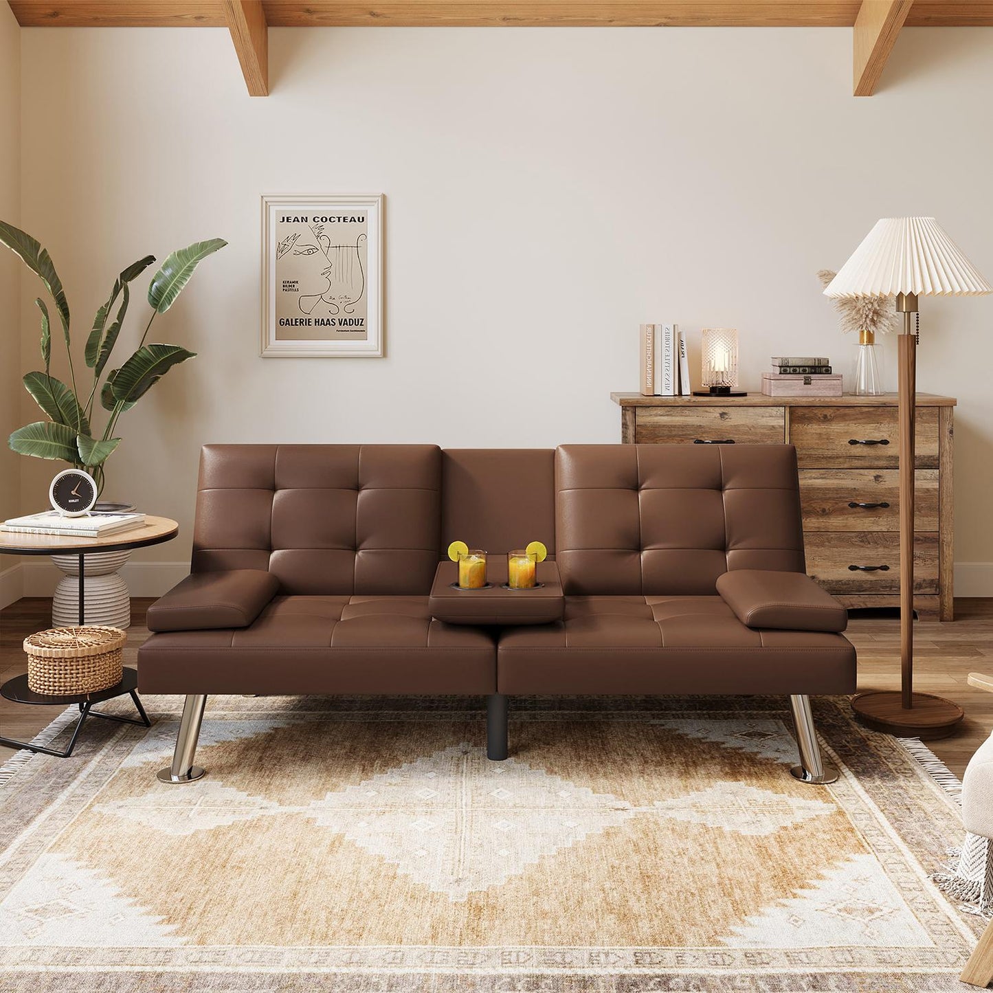 Convertible Upholstered Faux Leather Futon Couch