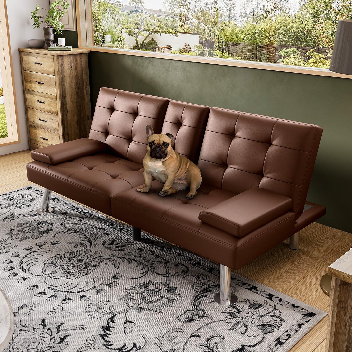 Convertible Upholstered Faux Leather Futon Couch