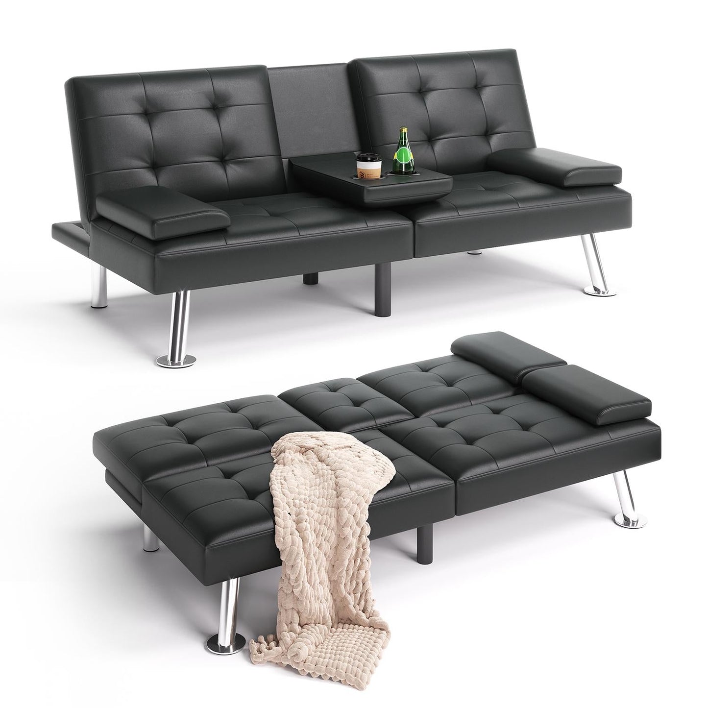 Convertible Upholstered Faux Leather Futon Couch