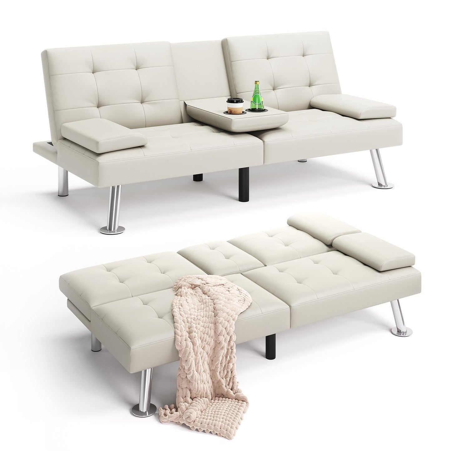 Convertible Upholstered Faux Leather Futon Couch