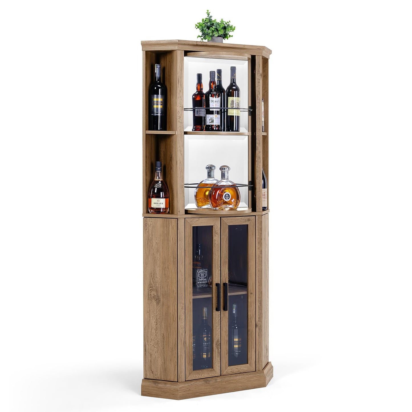 Corner Bar Cabinet, 68.5" Tall Farmhouse Wine Cabinet with Rotating Liquor Shelves with Barn Door & Adjustable Shelves