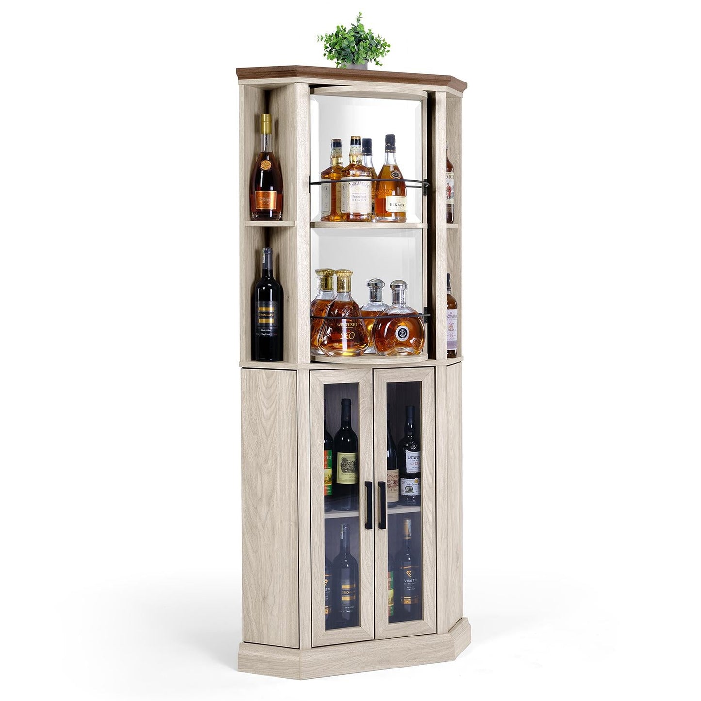 Corner Bar Cabinet, 68.5" Tall Farmhouse Wine Cabinet with Rotating Liquor Shelves with Barn Door & Adjustable Shelves
