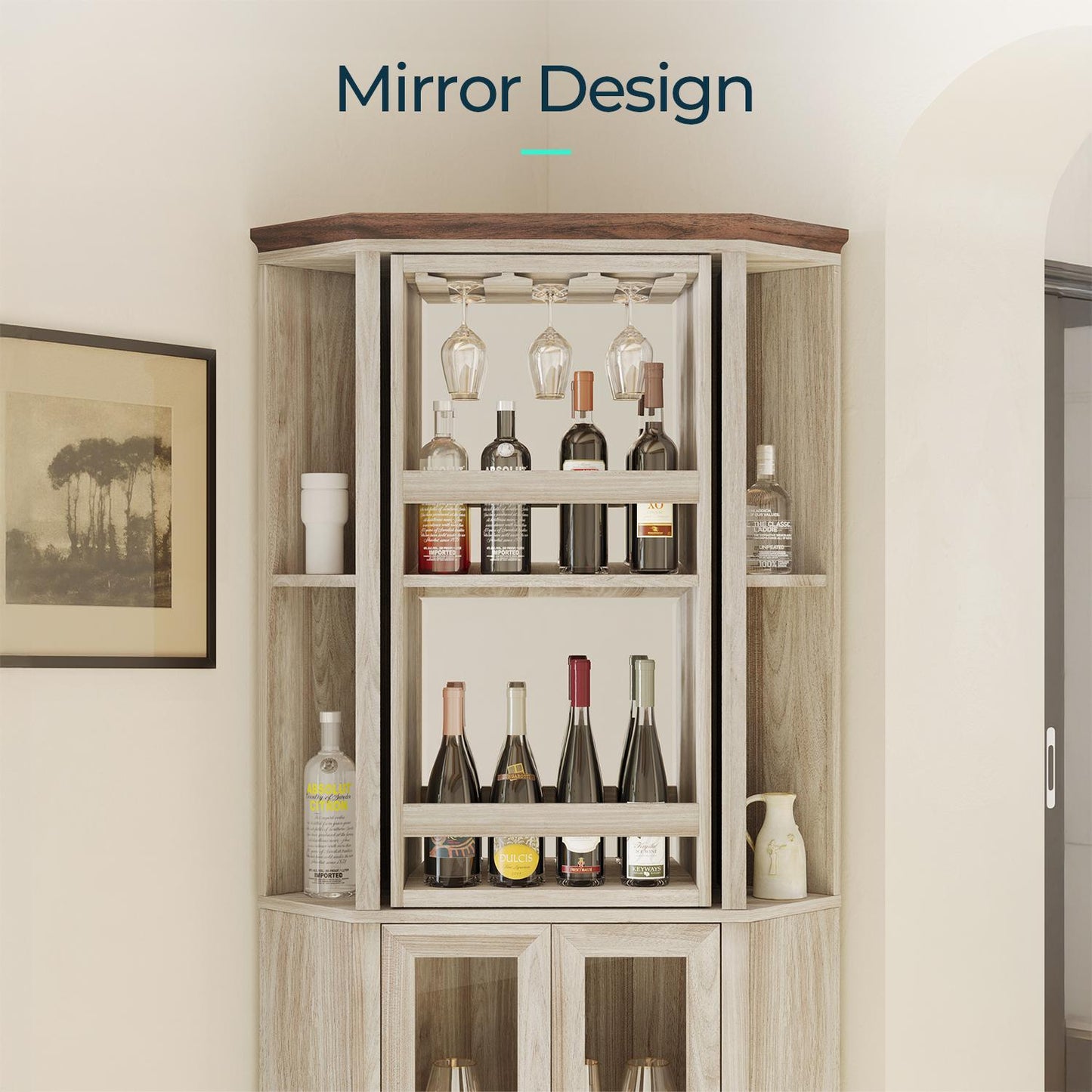 Corner Bar Cabinet, 68.5" Tall Farmhouse Wine Cabinet with Rotating Liquor Shelves with Barn Door & Adjustable Shelves