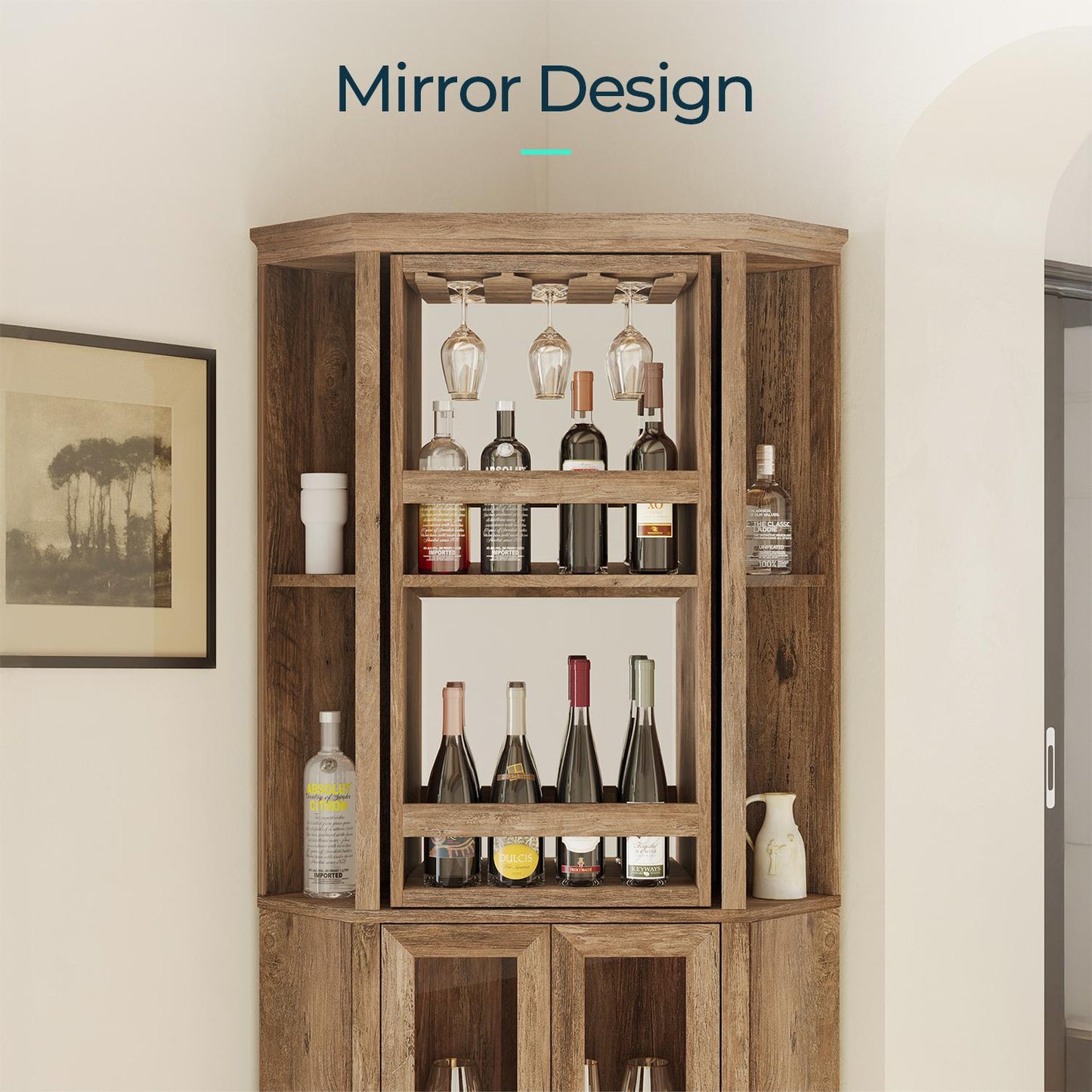 Corner Bar Cabinet, 68.5" Tall Farmhouse Wine Cabinet with Rotating Liquor Shelves with Barn Door & Adjustable Shelves