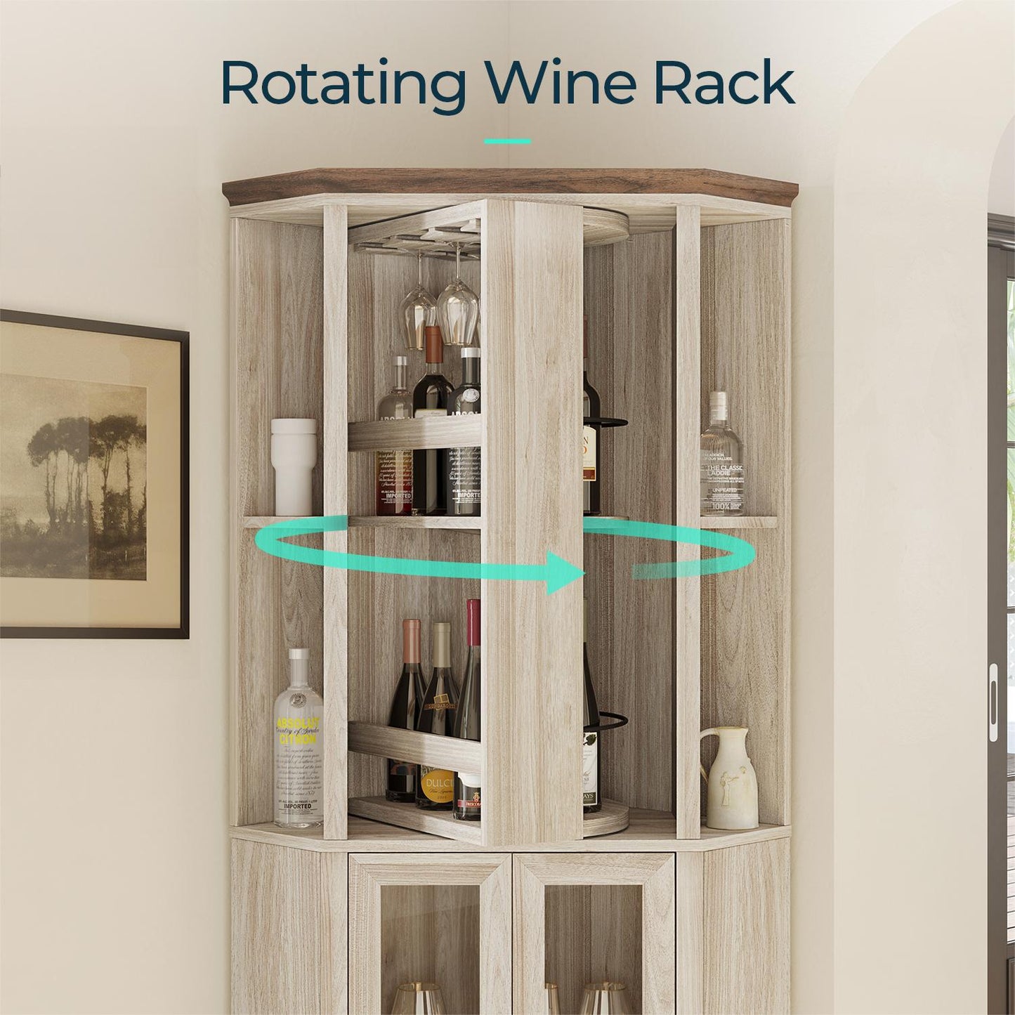 Corner Bar Cabinet, 68.5" Tall Farmhouse Wine Cabinet with Rotating Liquor Shelves with Barn Door & Adjustable Shelves