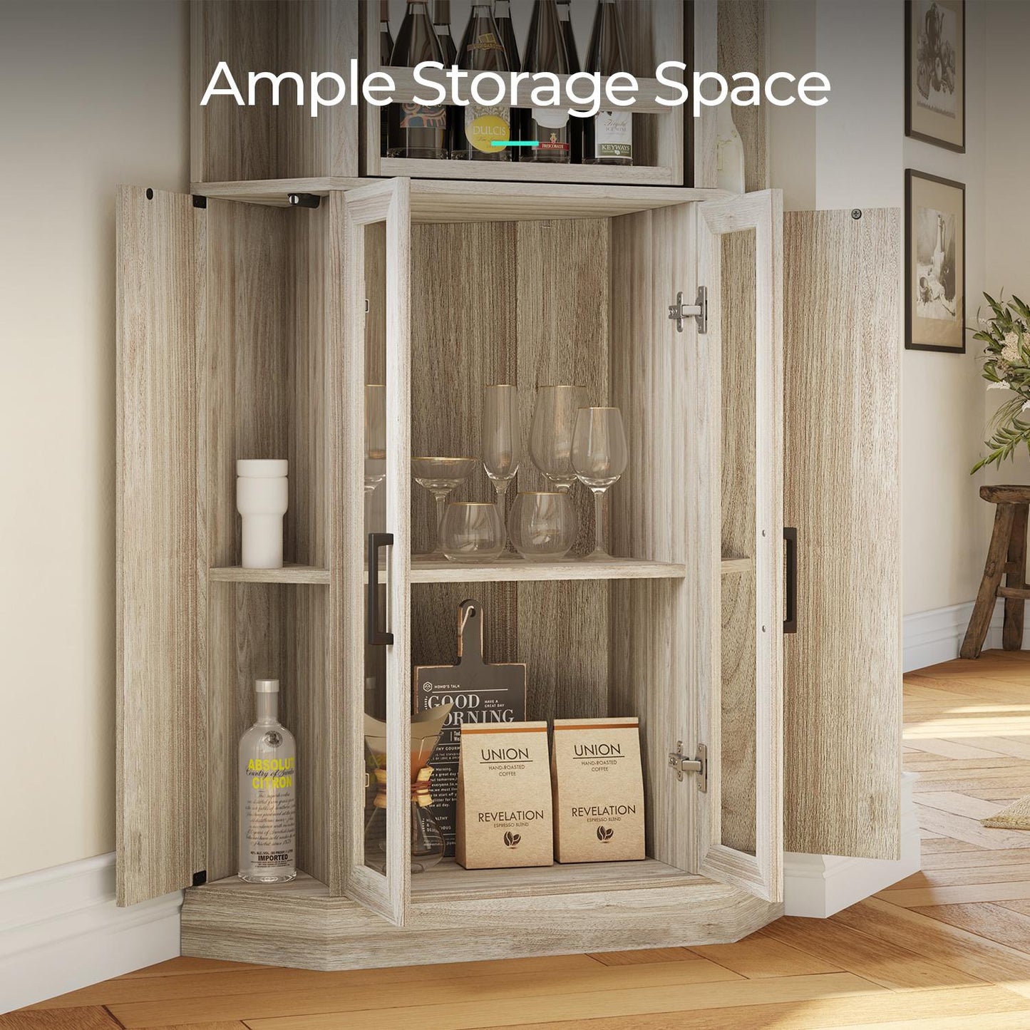 Corner Bar Cabinet, 68.5" Tall Farmhouse Wine Cabinet with Rotating Liquor Shelves with Barn Door & Adjustable Shelves