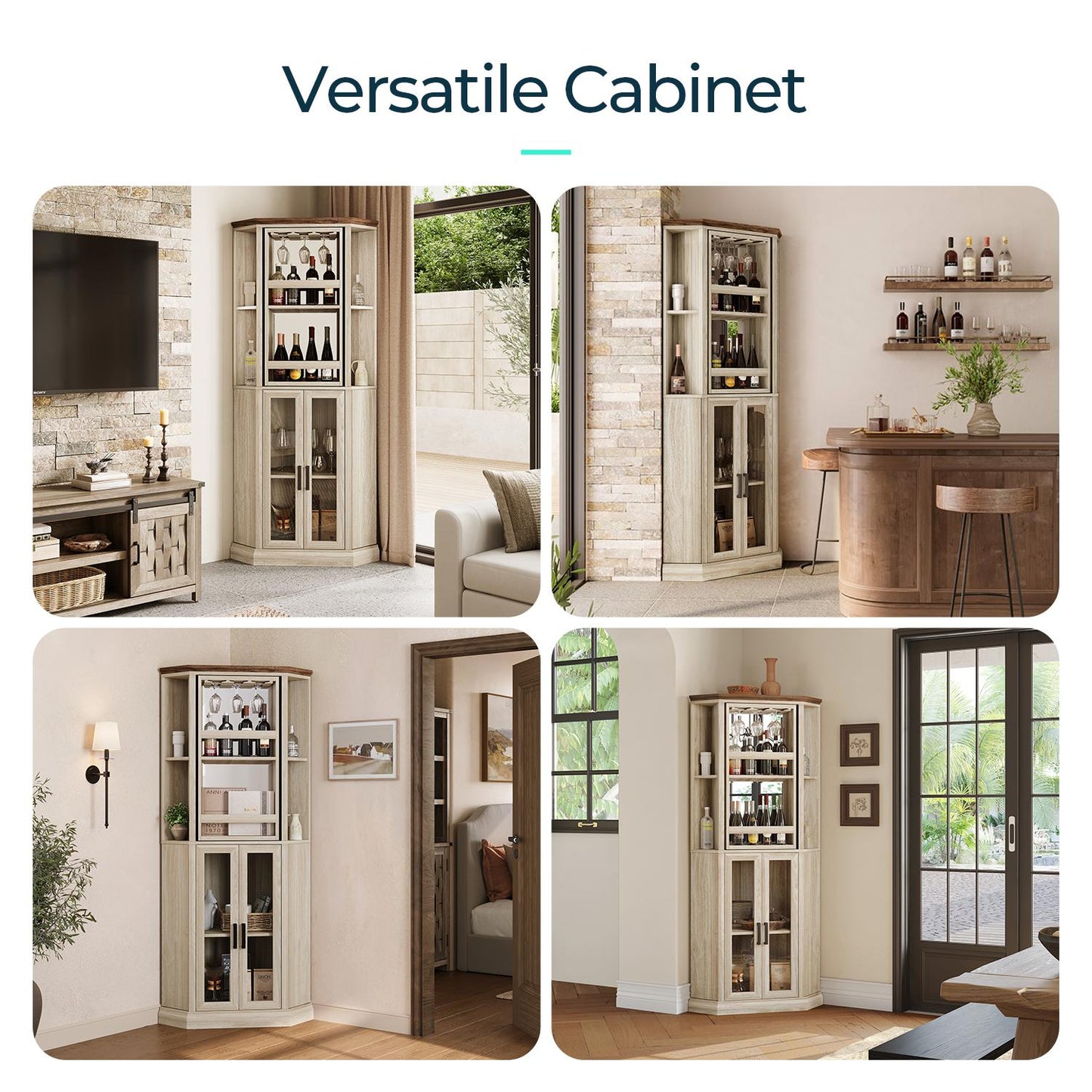 Corner Bar Cabinet, 68.5" Tall Farmhouse Wine Cabinet with Rotating Liquor Shelves with Barn Door & Adjustable Shelves