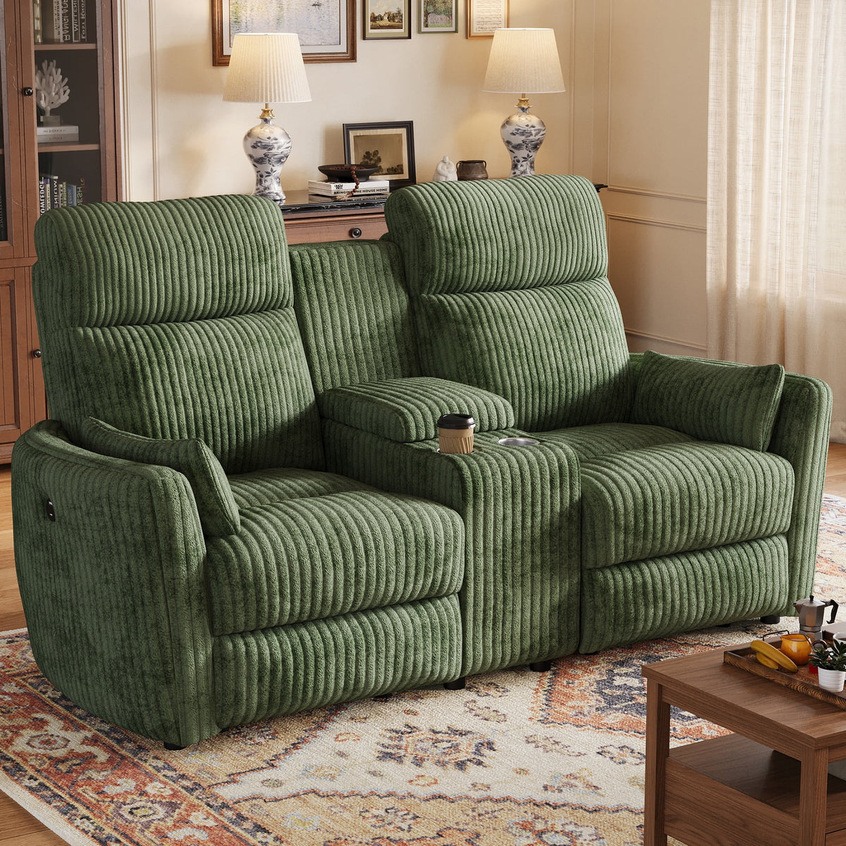 LINSY HOME 67in Modular Reclining Loveseat Sofa with Console, 2-Seat Manual Sectional with Hidden Storage, Home Theater Couch for Living Room, Game Room (Green Corduroy)