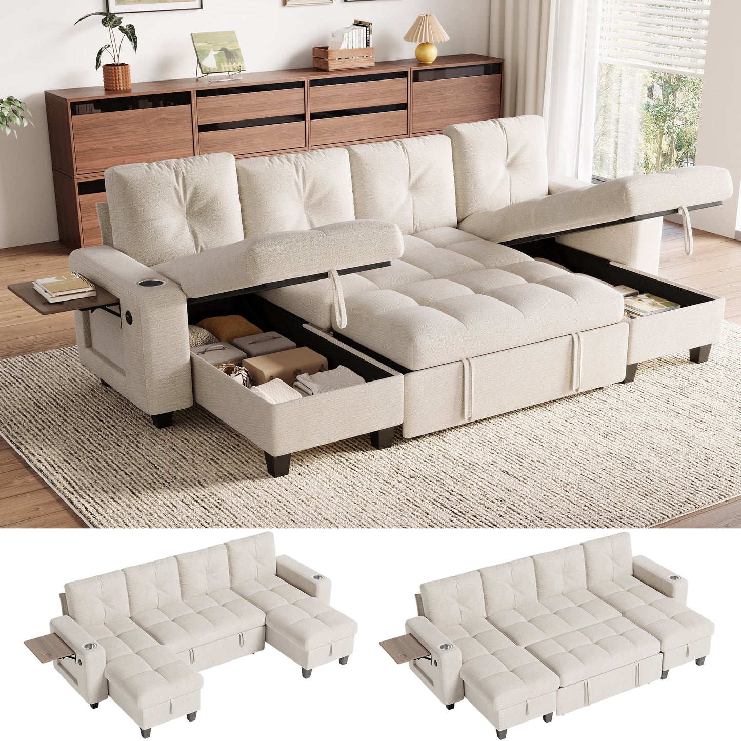 LINSY HOME 109in Modular Sectional Sofa with Pull Out Bed, Foldable Side Table & Storage Chaise, 4-Seat U Shape Couch with USB Charging for Living Room, Chenille Beige